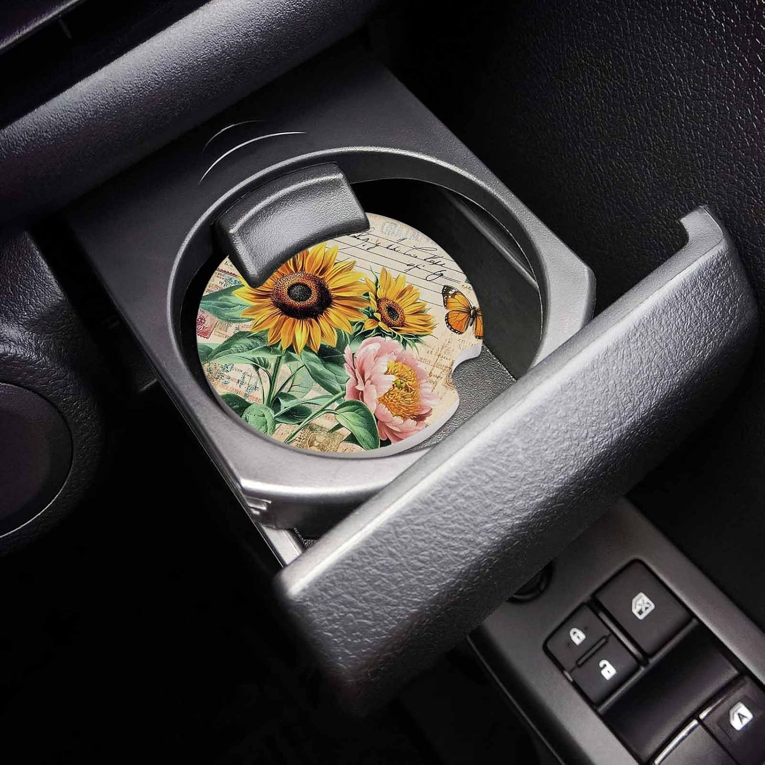 Retro Sunflower Floral Car Cup Holder Coasters Set of 2, Spring Watercolor Botanical Absorbent Ceramic Stone Drink Coaster with A Finger Notch for Easy Removal of Auto Cupholder