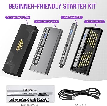 AM ARROWMAX Mini Electric Drill Pen, 13 in 1 with Aluminium case, Rechargeable, 900 RPM, Needle Vise Hand Drill Kit, 10 HSS Bits, DIY, Wood, Jewelry Making (SDS MINI)