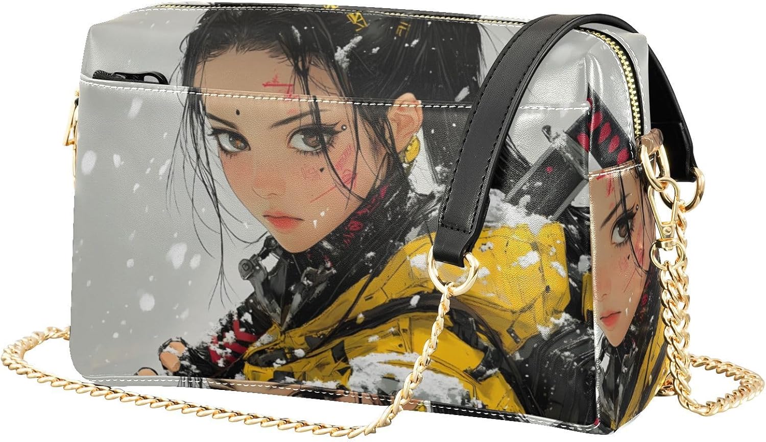 Women Crossbody Bag Shoulder Handbag Cellphone Purse Modern Samurai Print, PU Leather Metal Chain Strap Water Resistant Zipper Closure