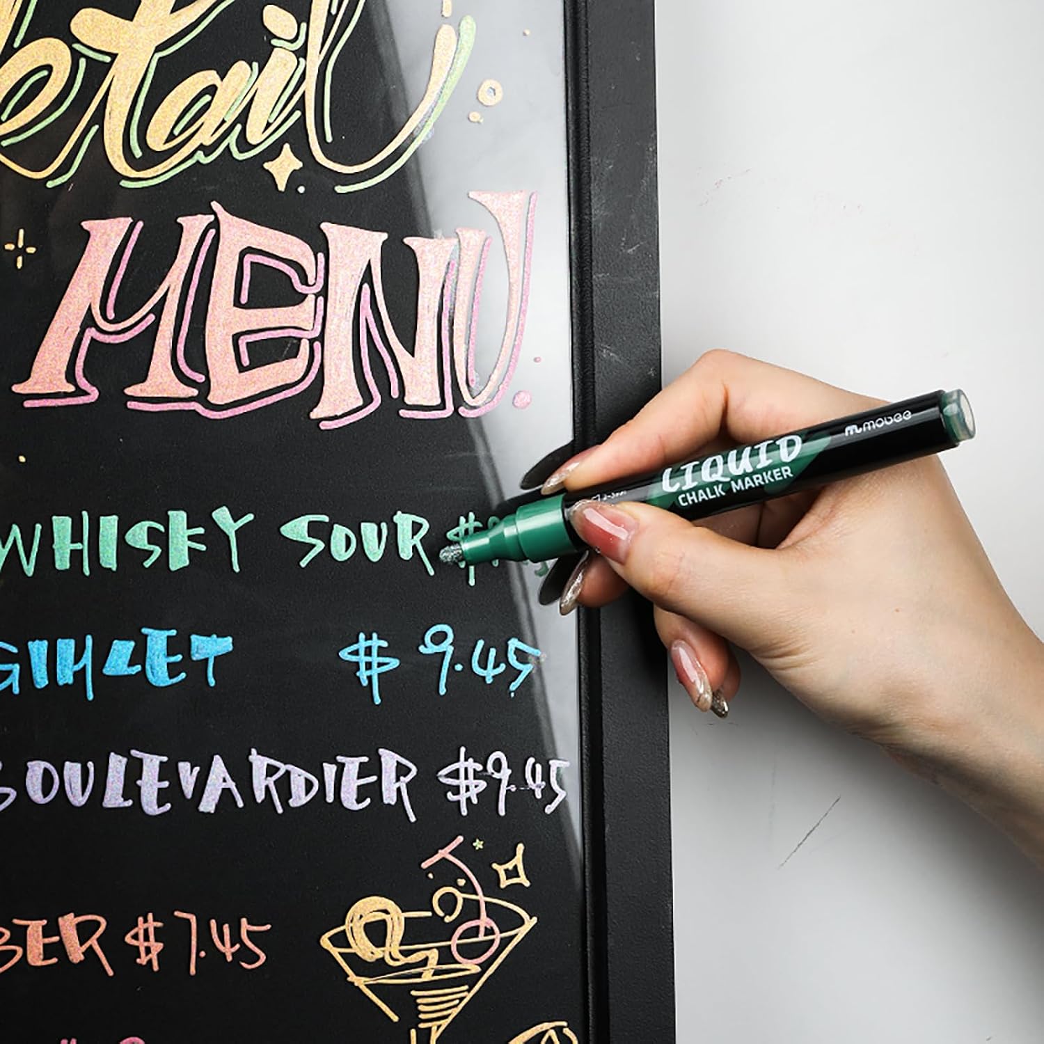 Liquid Chalk Markers, 8 Pack Metallic Colors with 2-3mm Bullet Tip | For Chalkboard, Menu Board,Blackboard,Glass, Car Window & Non-Porous Surfaces | Dust-Free, Easy to Wipe Off, Odorless & Non-Toxic