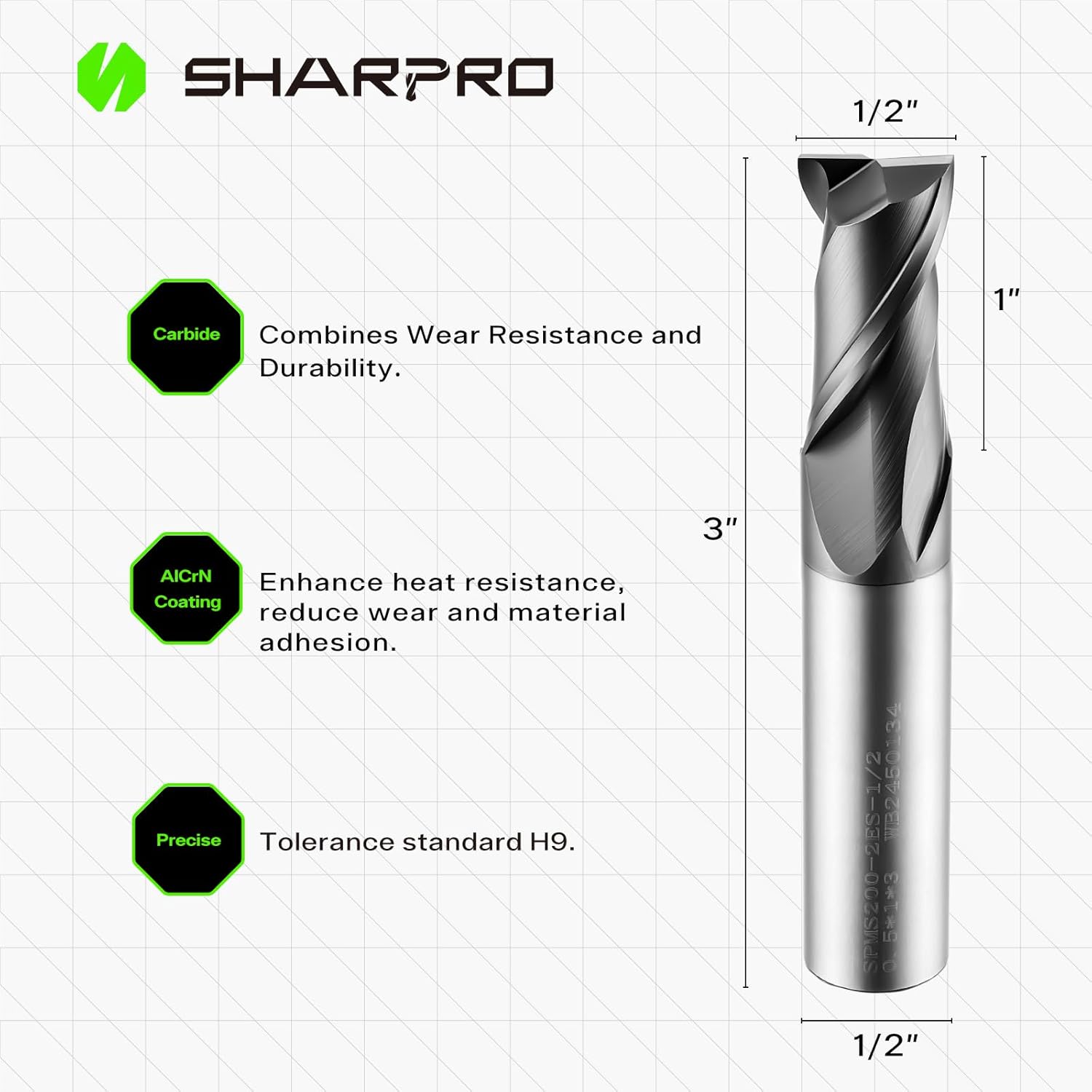 1/2 End Mills 1/2 Inch Shank, 2 Flute Carbide Square Endmill with AlCrN Coated, Upcut Spiral CNC Router Bits for Alloy Steel, Metal and Stainless Steel