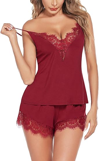 ELESOL Women Pajama Set Lace Trim Short PJ Set Modal V Neck Sleeveless Sleepwear Sets