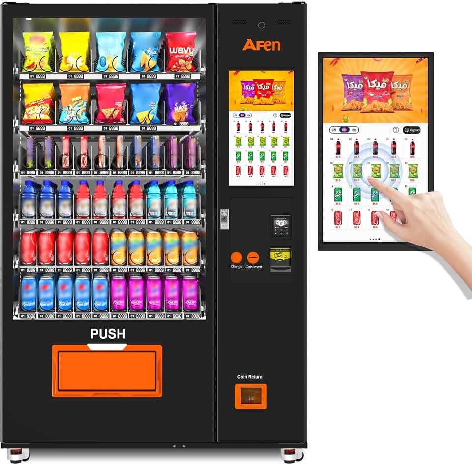 AFEN Vending Machine with 21.5 Inch Touch Screen, 60 Slots Refrigerated Snack Drink Combo Vending Machine for Business with Coin/Bill Acceptor and Card Reader, APP Remote Management