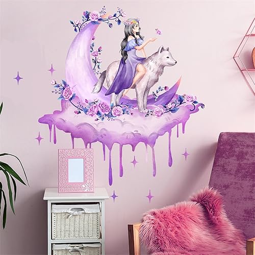 sacinora - Calcomanías de pared de luna morada, rosa, lobo y niña, calcomanías creativas de pared de arte de belleza fría, vinilo extraíble para