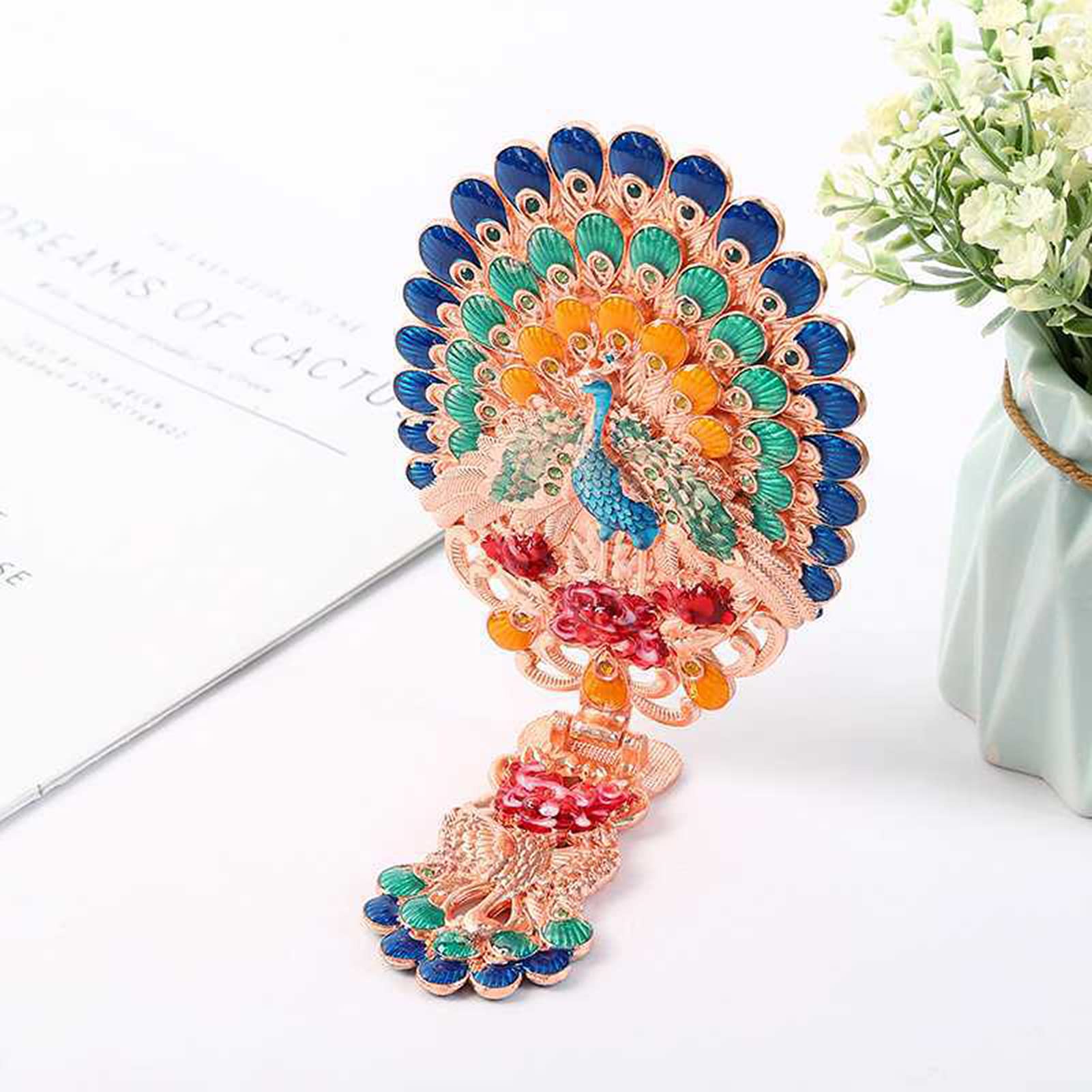 Espejo de mano vintage, Espejo de maquillaje de tocador, Espejo de mano antiguo plegable de viaje pavo real, Espejo de mano portátil ajustable en relieve, Espejo cosmético decorativo ovalado de 3
