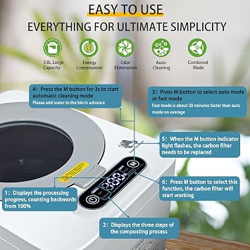 Electric Composter for Kitchen, 3.8L Smart Compost Bin with Odor Adsorption, Countertop Kitchen Composter, Odor-Free, Auto-Cleaning, LED Display, Food Cycler Machine,Turn Food Waste to Fertilizer