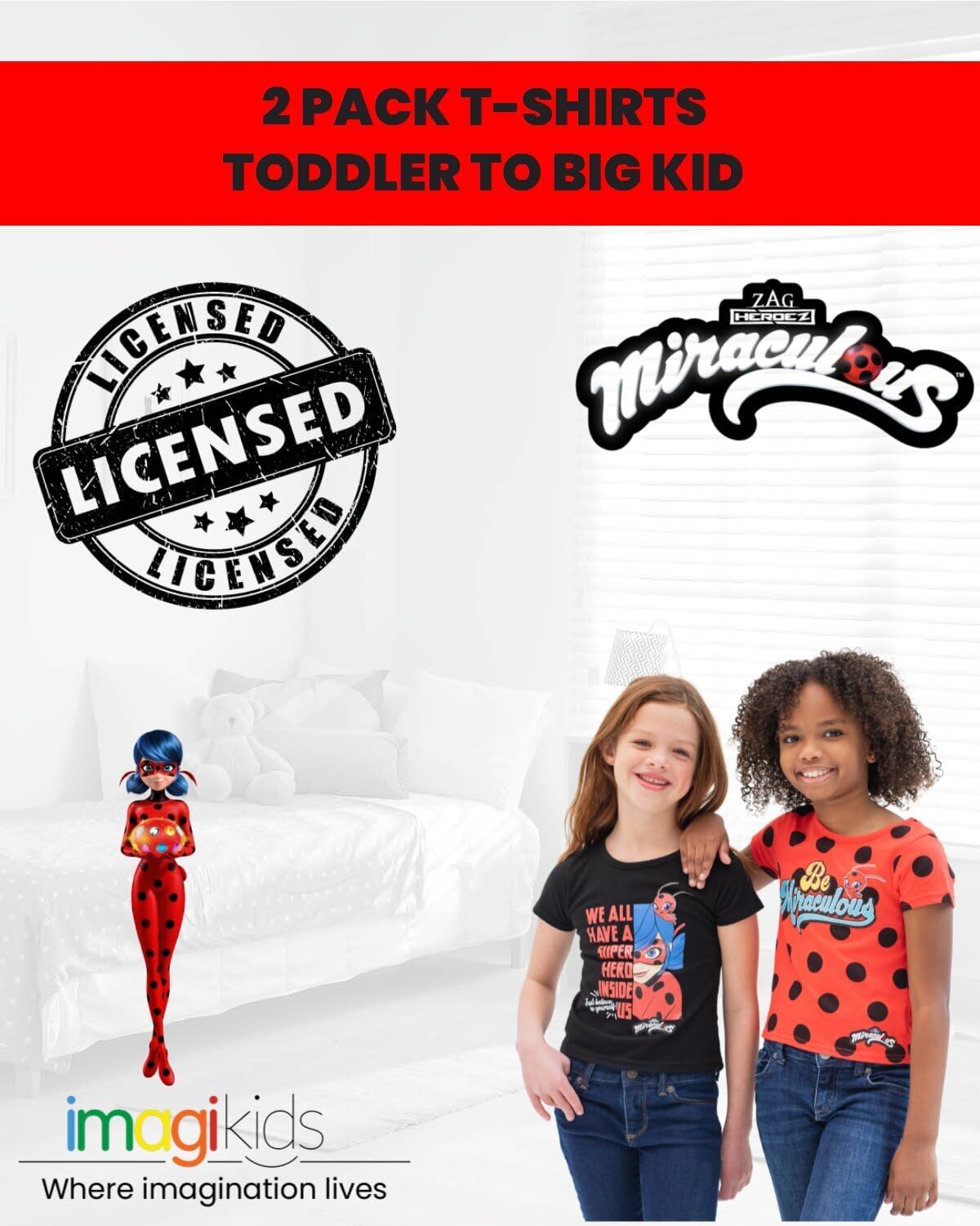 Miraculous Ladybug Cat Noir Rena Rouge Girls 2 Pack T-Shirts Toddler to Big Kid