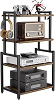 HYPIGO 4-Tier Corner AV Media Shelf with Hooks - Game Console Stand for PS5, Xbox, Vinyl Storage, Rustic Brown