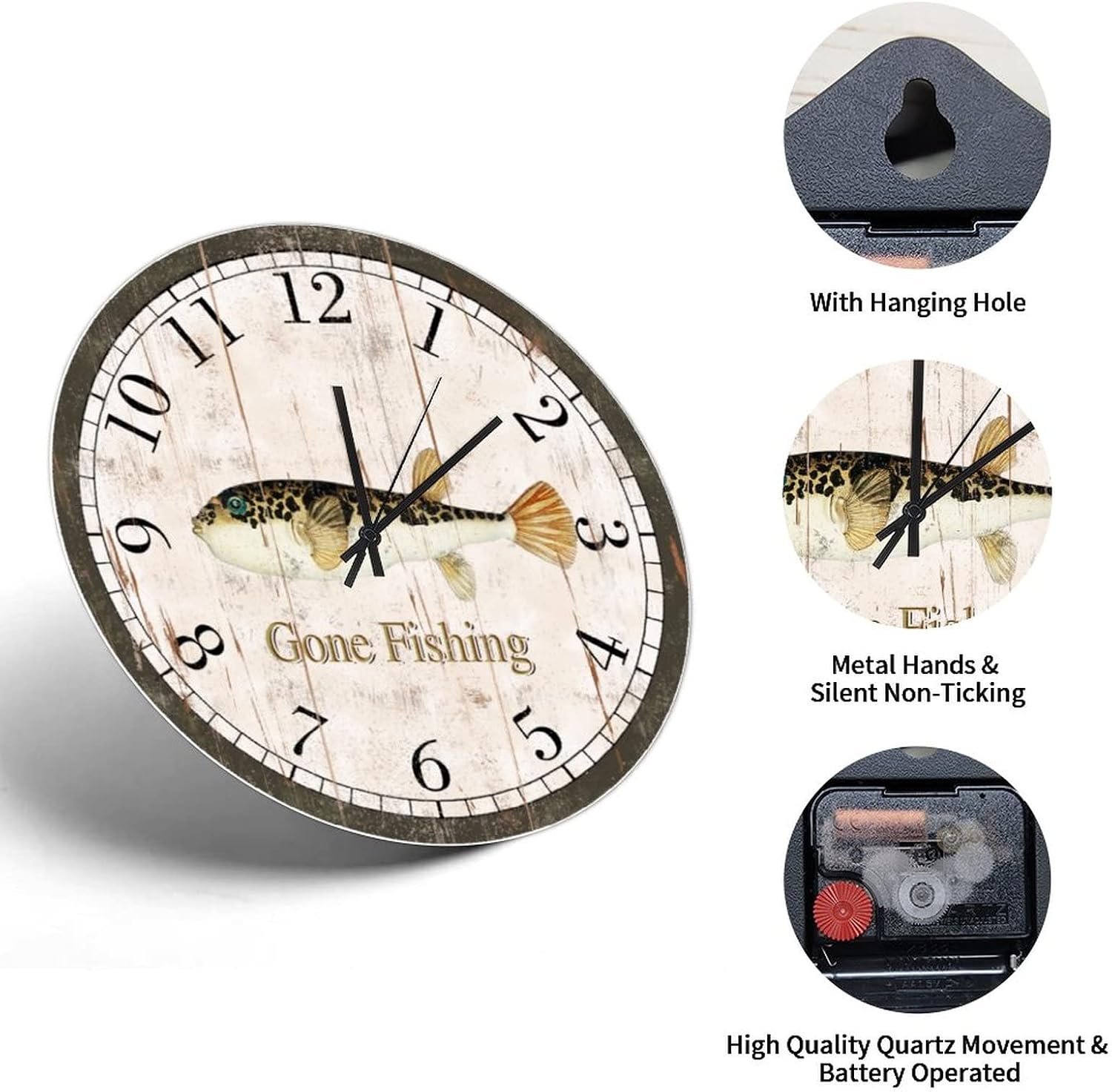 15in Hanging Clock Vintage Gone Fishing Wooden Clock Float Frame Print Shabby Chic Quartz Analog Battery Operated Novelty Home Accessories for Home Sewing Room Residence Patio image 3