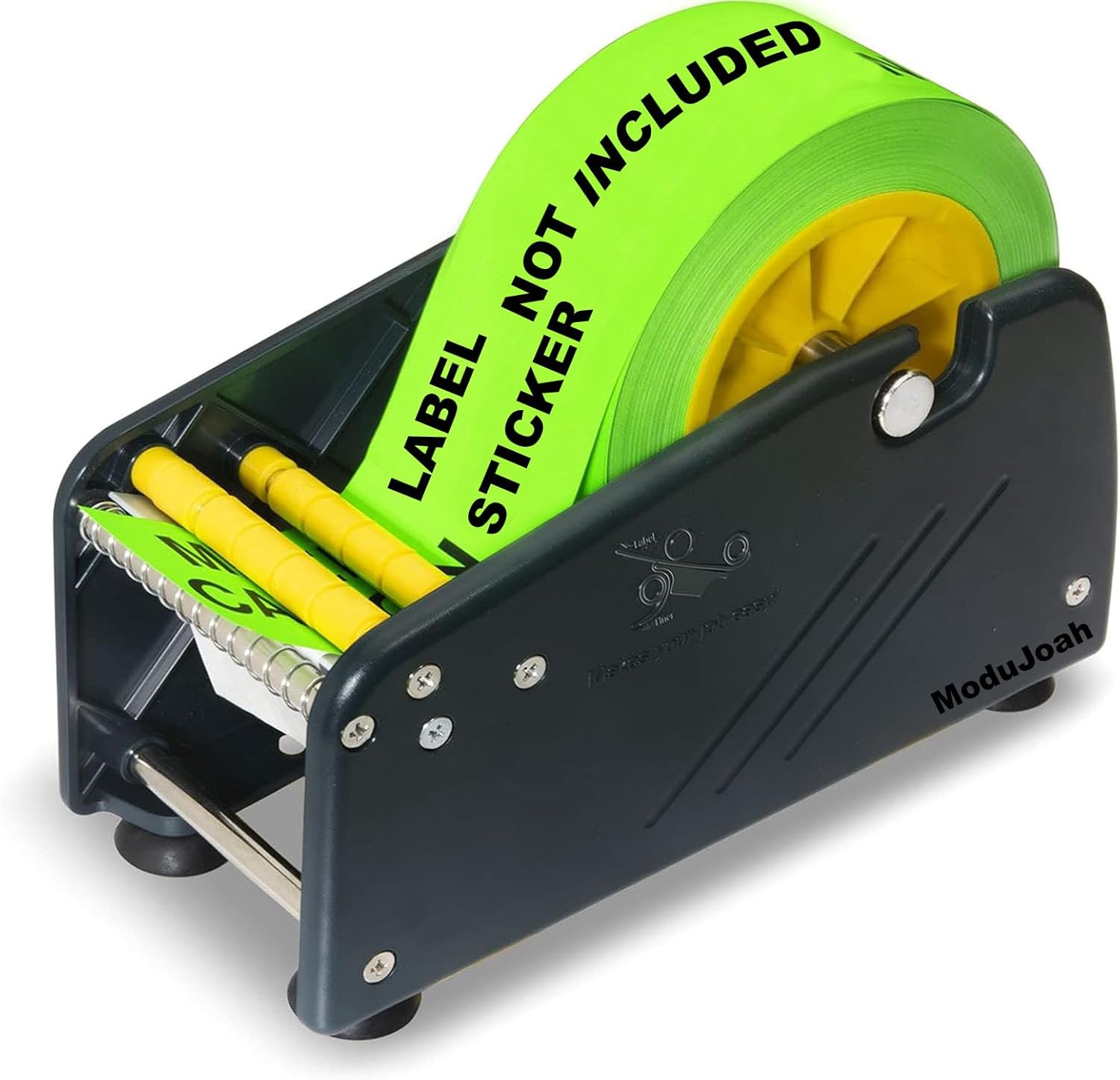 MDJ by Excell Manual Label Sticker Dispenser with 4 Suction Cups Base for Tabletop, Adjustable Holder for Multiple Rolls for Office, Home, School, Warehouse, Easy Peel Off, Fits up to 3" Wide Labels