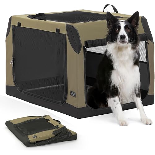 PETSFIT Collapsible Dog Crate, Soft Sided Dog Crate - 36 Inch Sturdy Adjustable Structure, Easy to Set Up, Soft Sided Dog Kennel for Car, Light Tough with 3 Mesh Doors, Army Green
