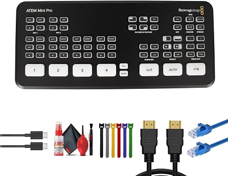 Blackmagic Design ATEM Mini Pro HDMI Live Stream Switcher | 4-Input Video Mixer with USB & Ethernet | for Streaming, Podcasting & Live Events SWATEMMINIBPR + Cat5e Ethernet + HDMI Cable + More