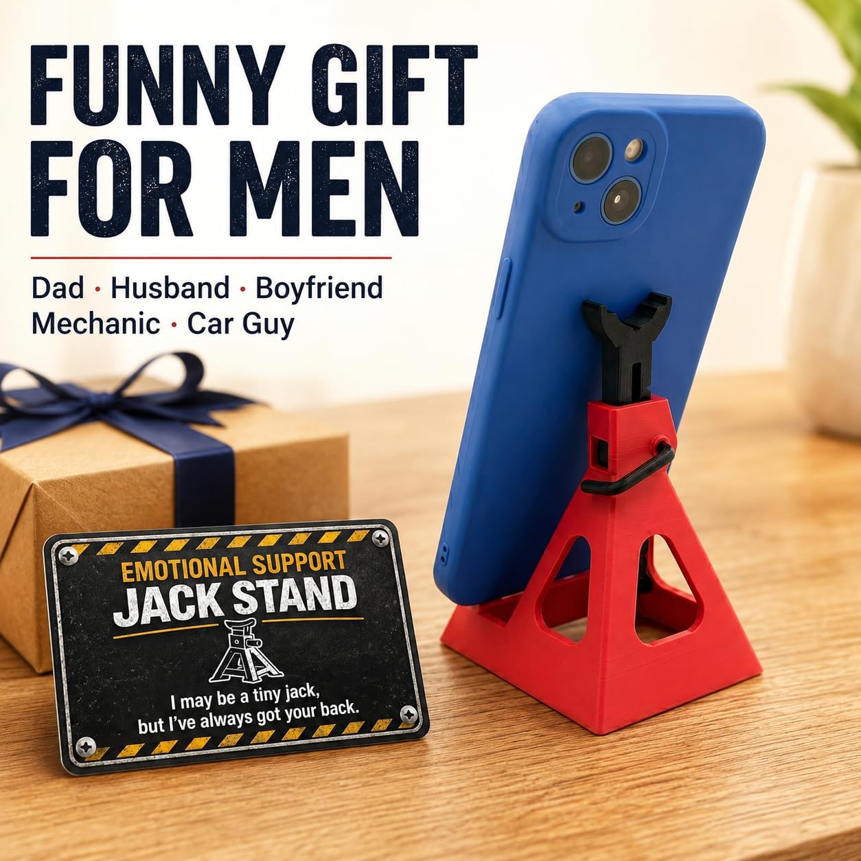 Miniature Jack Stand Phone Stand - Funny Gift for Men Dad Husband Mechanics - 3D Printed Adjustable Phone Holder & Business Card Display + Emotional Support Card for Father's Day, Christmas, Birthdays