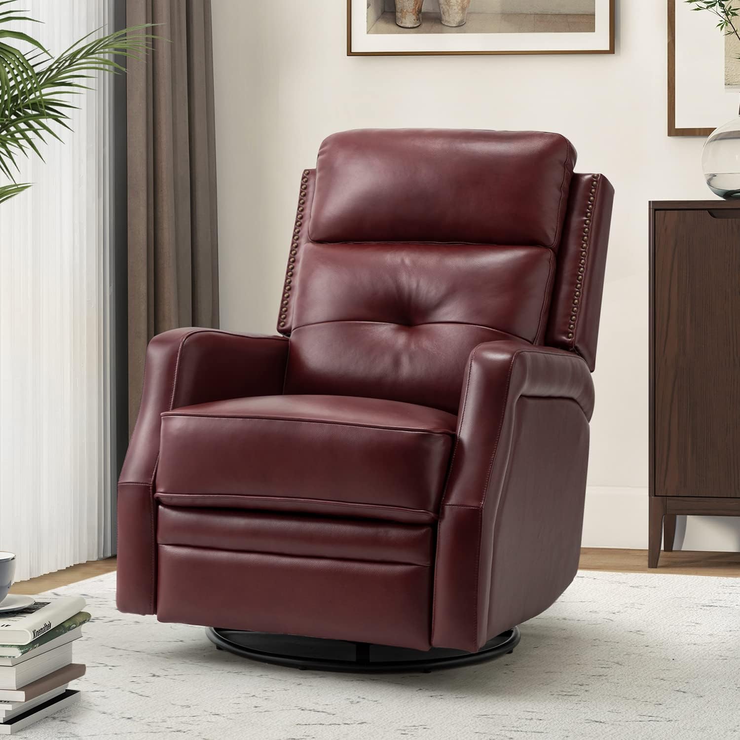 HULALA HOME Genuine Leather Swivel Rocker Recliner with Adjustable Footrest & Backrest, Manual Glider Reclining Chair for Bedroom Living Room, Home Theater Sofa Chair with 360° Swivel Base, Burgundy
