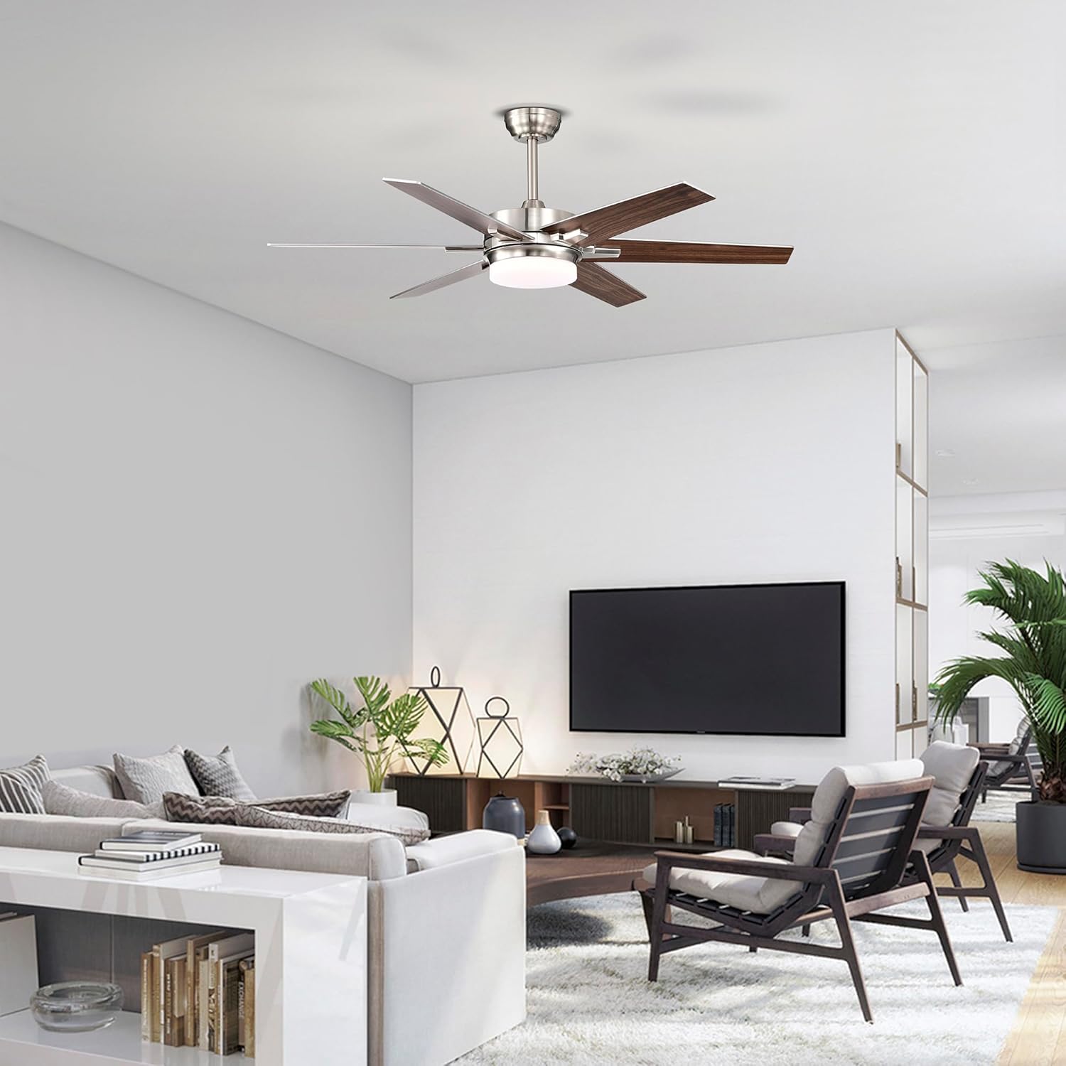 Edvivi 52 Inch LED Ceiling Fan with Lights and Remote Control, Low Profile Ceiling Fan with 6 Dual Finish Blades, 6-Speed Noiseless Reversible Motor, Brushed Nickel for Bedroom Living Room Indoor Use