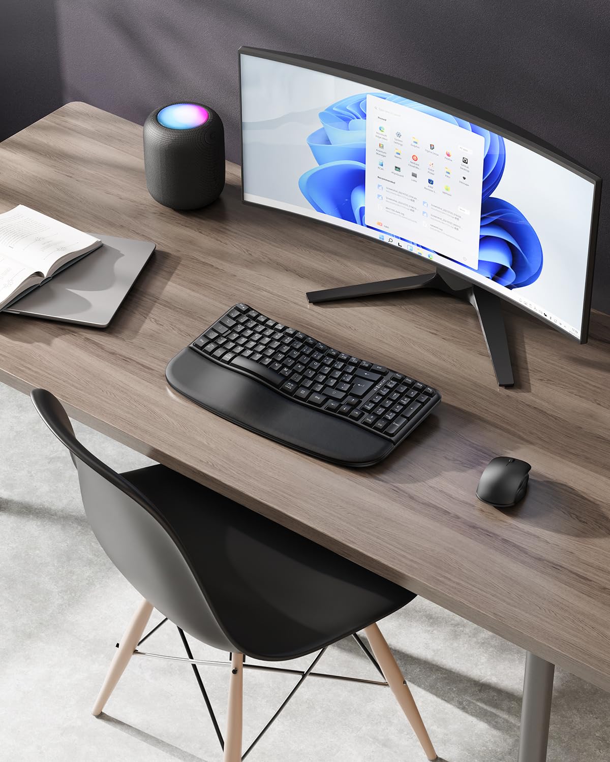 OMOTON Kabellose Tastatur Ergonomisch Wave Keys, QWERTZ-Schwarz | Ideal für Büro und tägliche Nutzung, 2,4 GHz USB-Verbindung, PC Tastatur mit Handballenauflage
