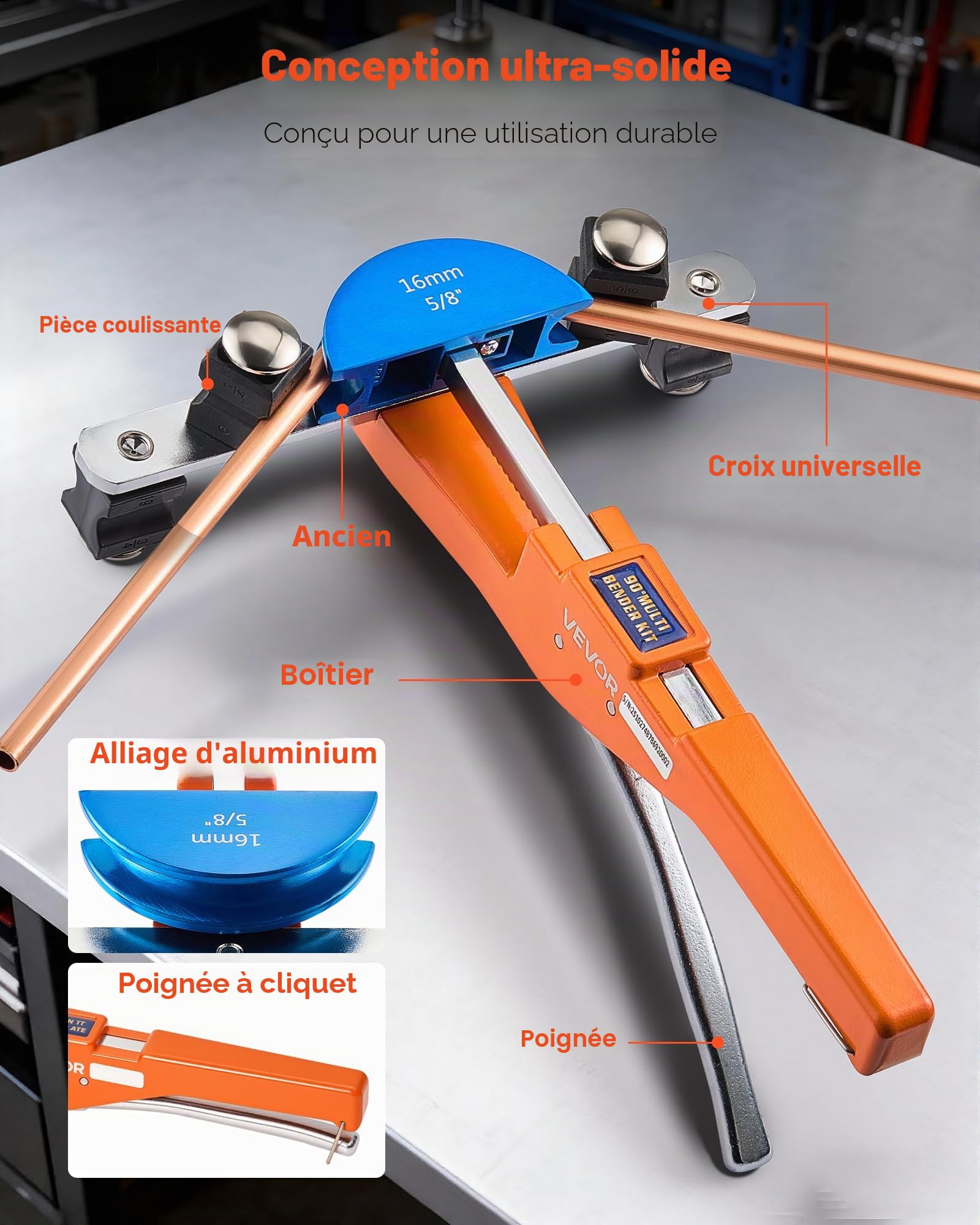 VEVOR Cintreuse Arbalète 6-22 mm Cintreuse Tube à Cliquet Manuelle Outil Cintrage Tube Cuivre Aluminium Compacte pour Réparation Climatisation Réfrigération, avec 7 Matrices Alliage Aluminium Couleur
