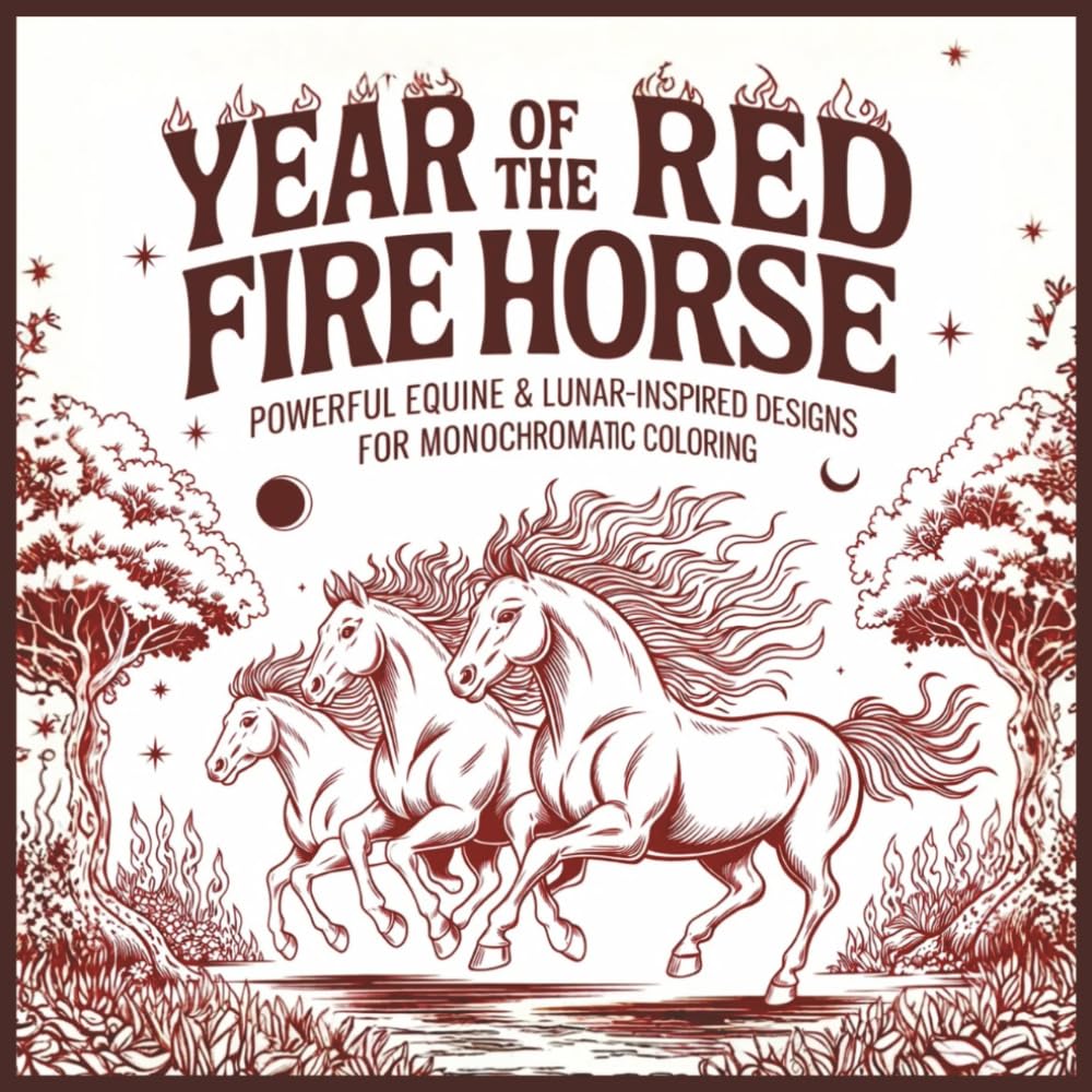 Year of the Red Fire Horse: Powerful Equine & Lunar-Inspired Designs for Monochromatic Coloring | 30 Images | 8.5"x8.5" size (Grumpy Goods Co.)