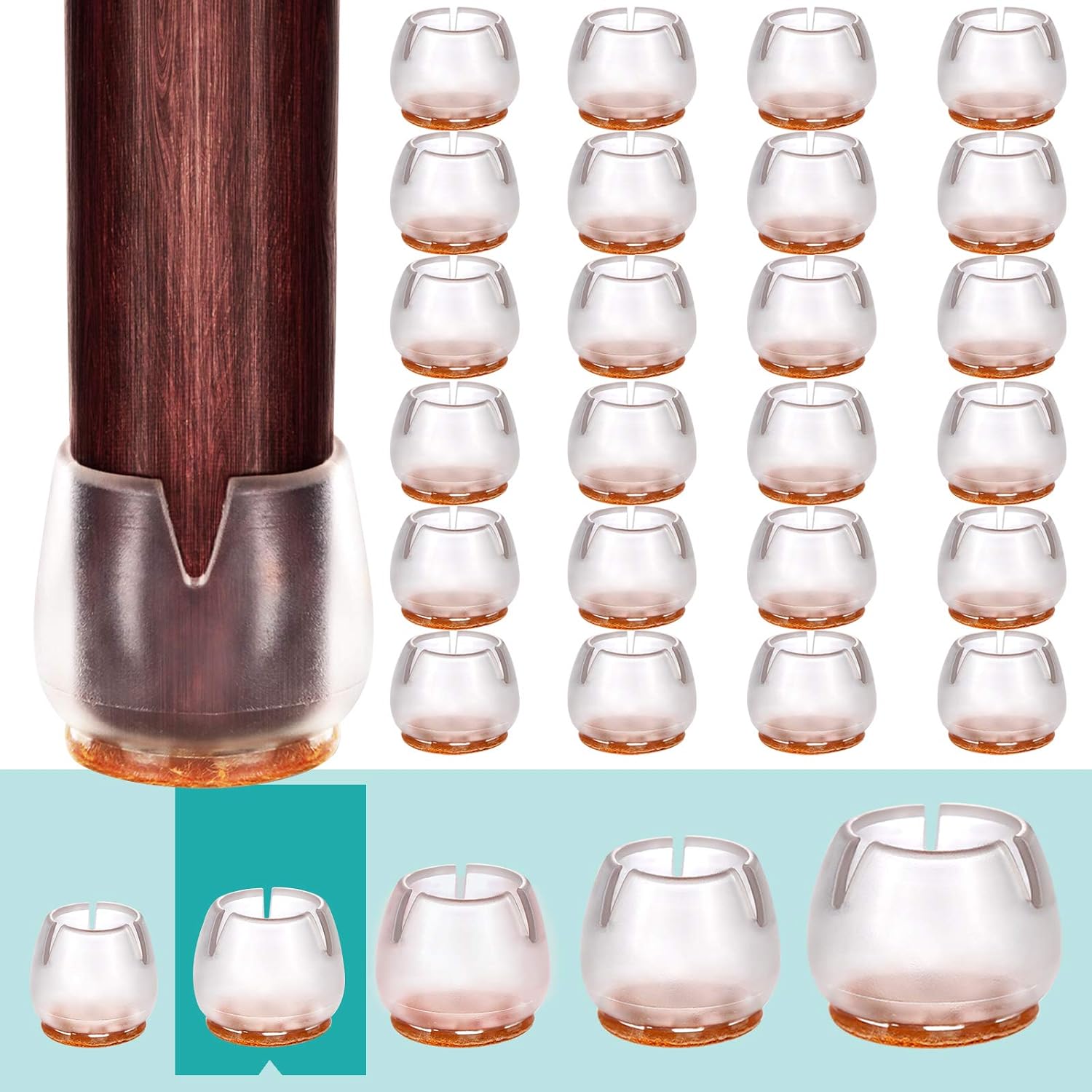 MelonBoat 24 Pack Chair Leg Floor Protectors, Fit Round Leg 5/8 to 3/4 inches, Chair Leg Caps with Furniture Felt Slider Glide Pads, A-RD018, Fit Round Leg Diameter 0.63"-0.76"