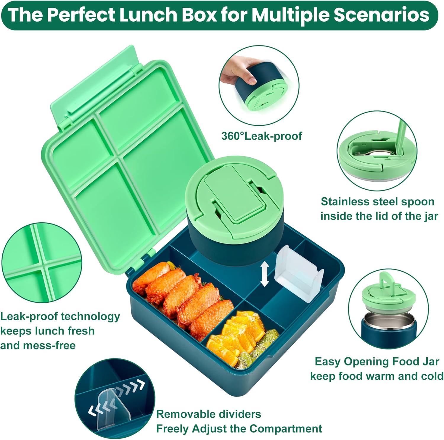 Bento Lunch Box for Kids with 8oz Soup Thermo,Kids Leakproof Lunch Food Containers with 4 Compartment,Kid Insulated Thermo Hot Food Jar for School,Trvael-Green - Image 4