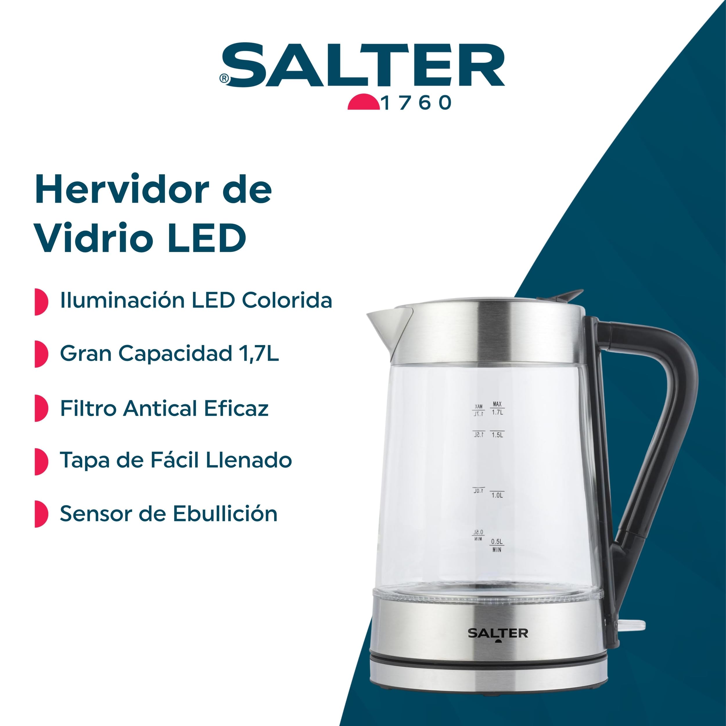Salter Hervidor de vidrio que cambia de color - 1,7 L, iluminación LED de azul a rojo, tapa de presión de agua de fácil llenado, filtro antical, sin BPA, sensor de ebullición en seco, EK5078SSFVDE