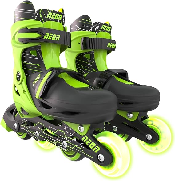 Yvolution Neon Combo Skates | 2-1 Quad and Inline Skates for Kids with LED Wheels | Adjustable Sizing (Green, 12-2)