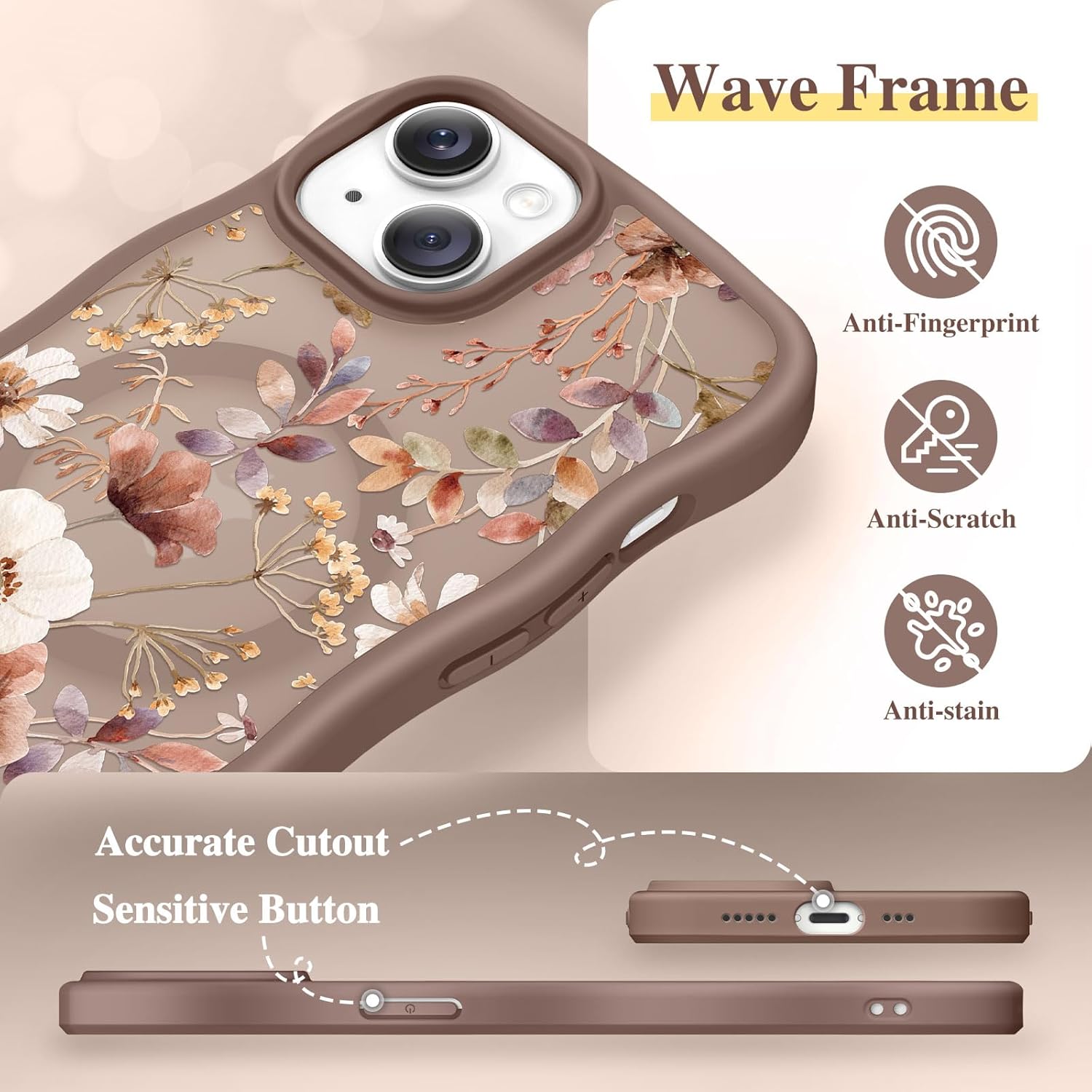 GVIEWIN Cute for iPhone 14 Case & iPhone 13 Case [Compatible with MagSafe] [Curly Wave Edge] Floral Translucent Magnetic Shockproof Protective Phone Cover for iPhone 14/13 6.1'', Corn Poppy/Brown