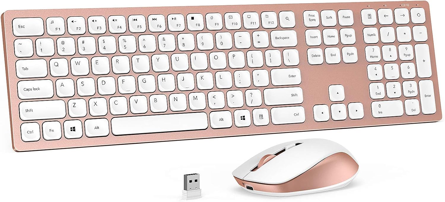 Rechargeable Wireless Keyboard Mouse Combo, seenda Ultra Quiet Full-Sized Cordless Keyboard and Mouse Set with 3 Level DPI and Long Battery Life for Windows Laptop Computer - Rose Gold