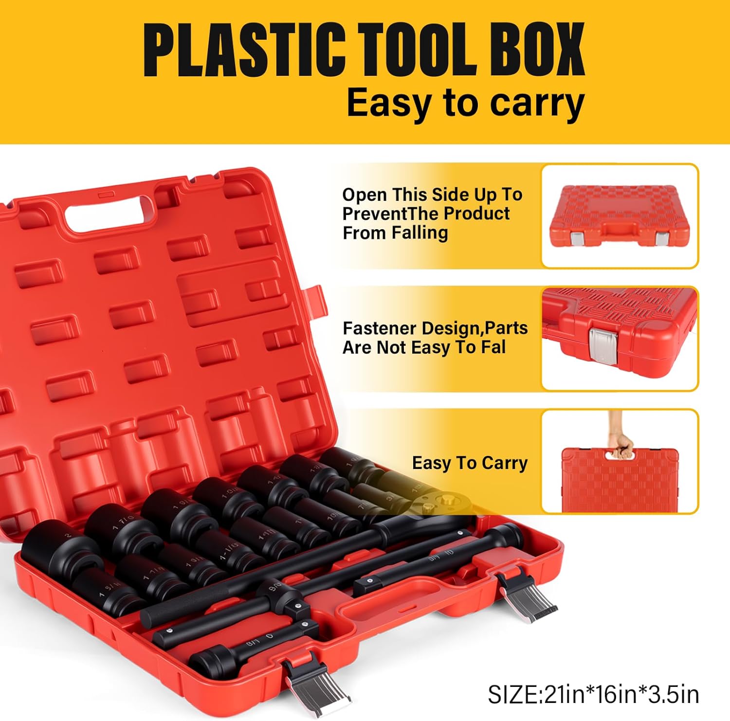 3/4" Drive Impact Socket Set,21-Piece SAE (3/4 to 2 Inch) Sizes with Ratchet handle (24 tooth) Sliding T-head Breaker Bar,Drive Extensions,6-Point,Cr-Mo Alloy Steel,Heavy Duty Storage Case