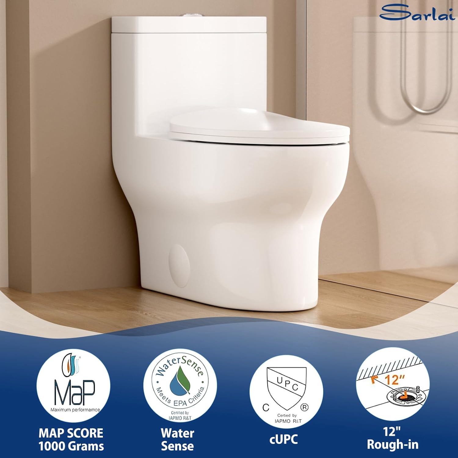 Sarlai One Piece Toilet - Tall Elongated Bathroom Toilet Comfort Height Dual Flush White Ceramic Modern Small Bathroom One Piece Toilet with Soft Seat, 12" Rough - In, Wax Ring Included