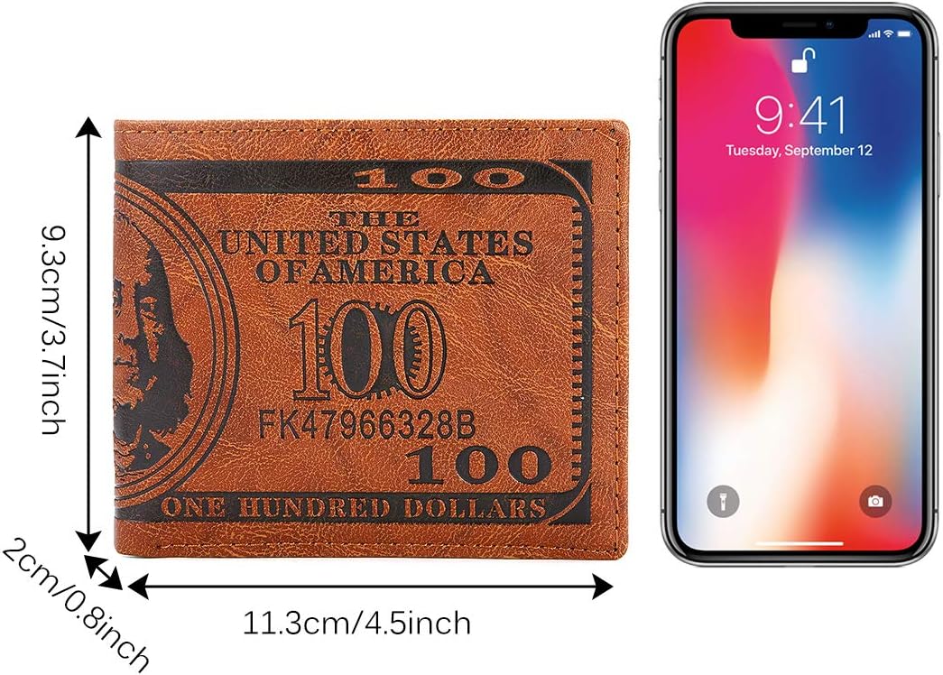 OB OURBAG Slim Wallet for Men, US $100 Dollar Bill PU Leather Bifold Card Holder Wallet Boy Coin Purse, M