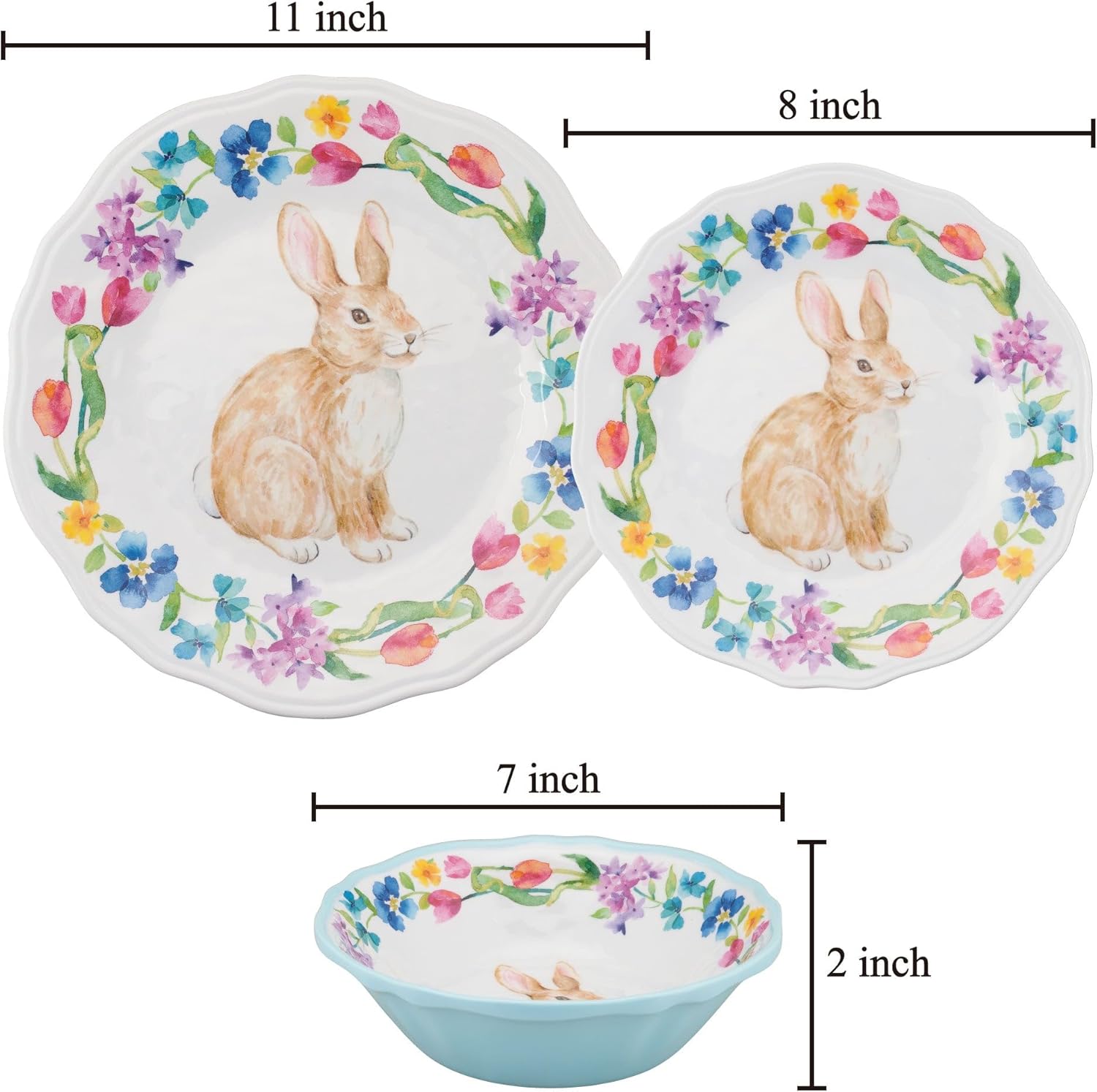 UPware 12 Piece Floral Bunny Melamine Dinnerware Sets, Outdoor Dishes Set, Plates and Bowls Sets, Easter Decorations, Service for 4, Multicolor