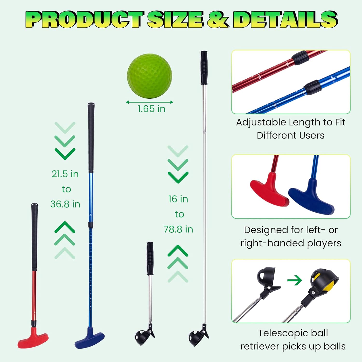 Mini Putting Golf Practice Set–Adjustable Putters, 6Flagged Holes, 12Practice Balls, Extendable Ball Retriever&Portable Storage Bags for Indoor and Outdoor Play