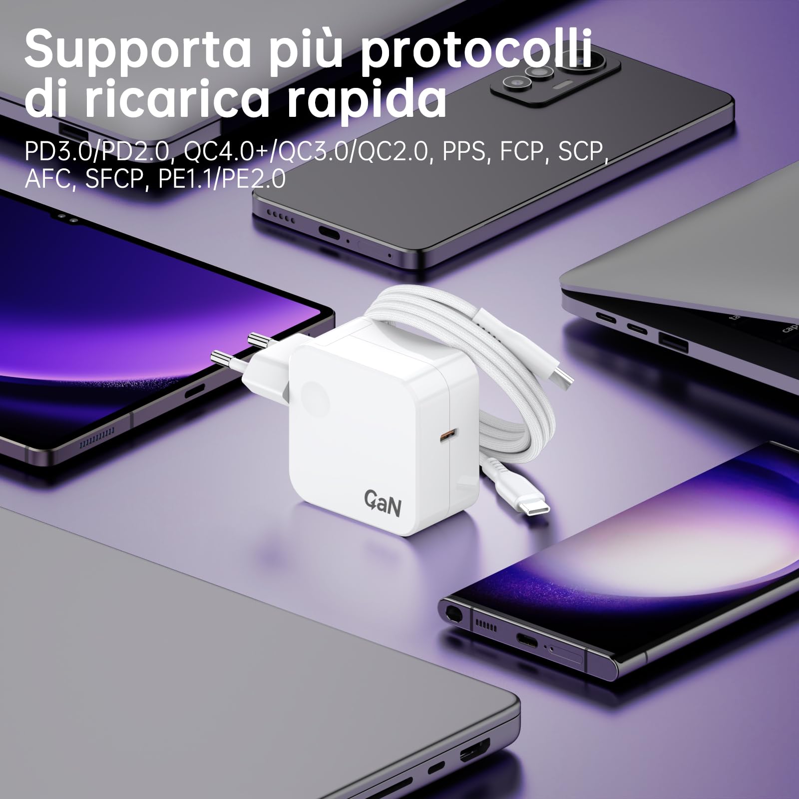 67W Caricatore GaN USB C per MacBook Pro/Air/Neo M4 M3 M2 M1 2025 2024 2023 2022 2021 2020, Lenovo ThinkPad, Samsung Galaxy, HP, ASUS, 65W Caricabatterie Alimentatore Ricarica Rapida PD3.0, Bianco