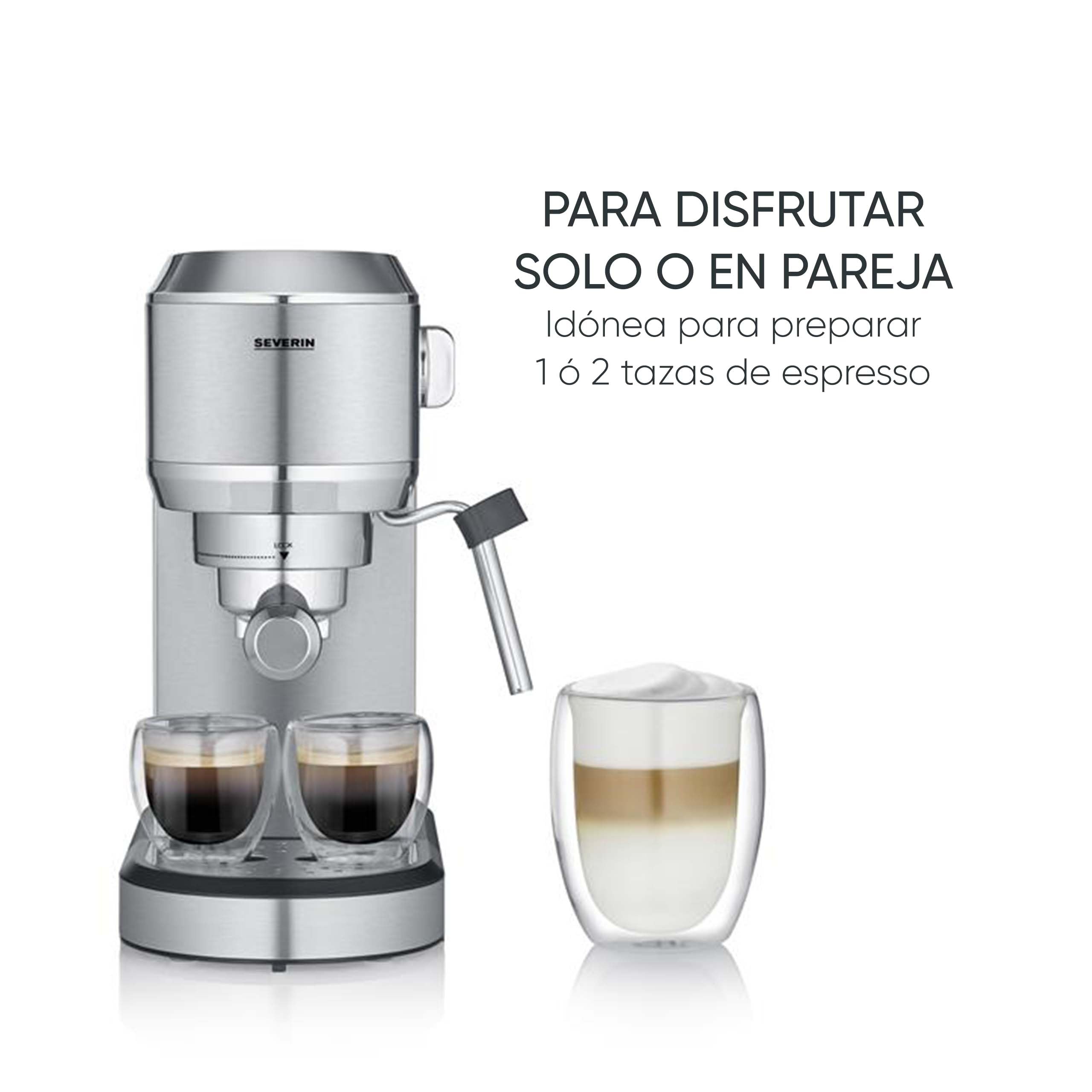 SEVERIN Cafetera espresso ‘Newspresa’, bomba ULKA de 20 bares, boquilla para espumar leche, depósito de agua de 1 litro, para una o dos tazas, color plata, acero inoxidable, 1350 W, KA 5997
