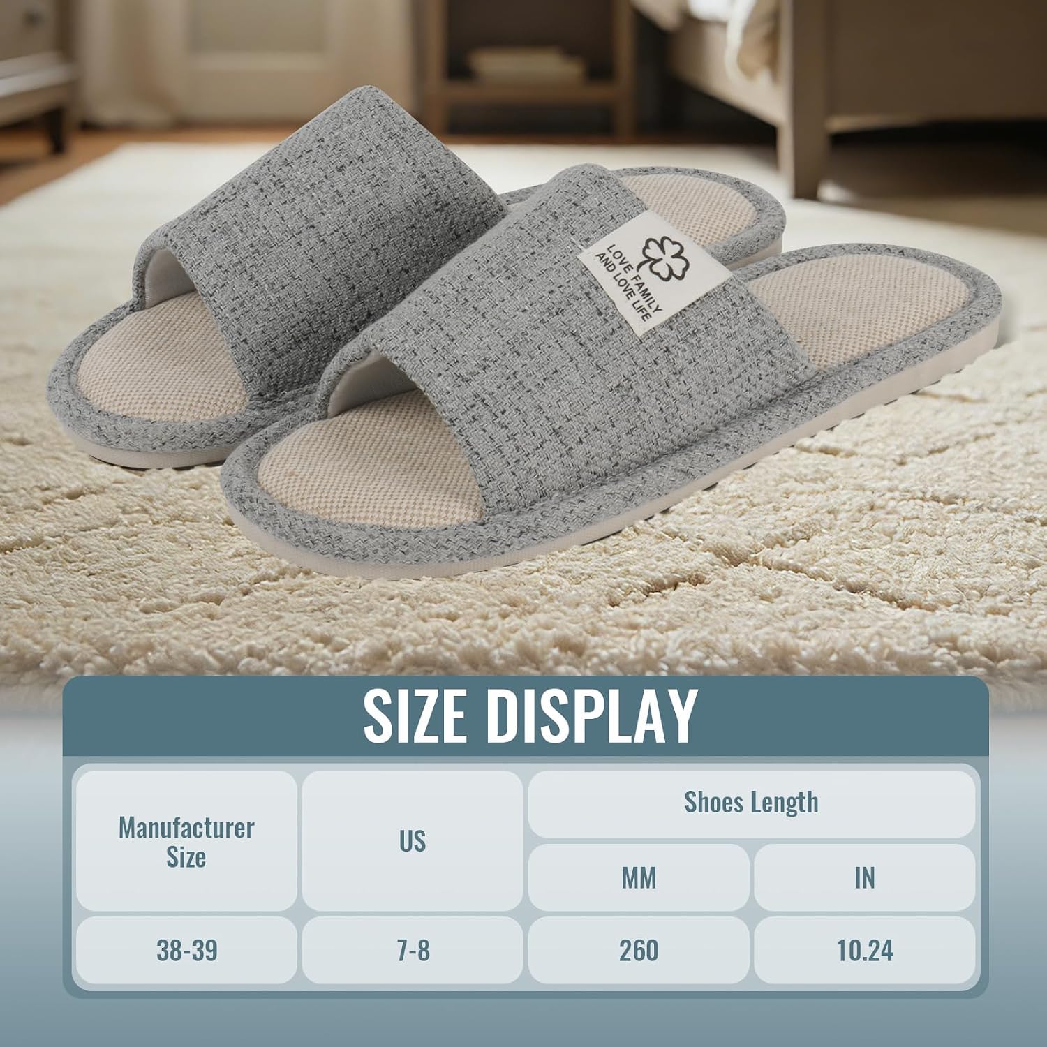CHGANG House Slippers for Women,Warm Cozy Soft Lightweight Slip-On Open Toe Linen Cotton Slippers with Memory Foam and Indoor Outdoor Soles