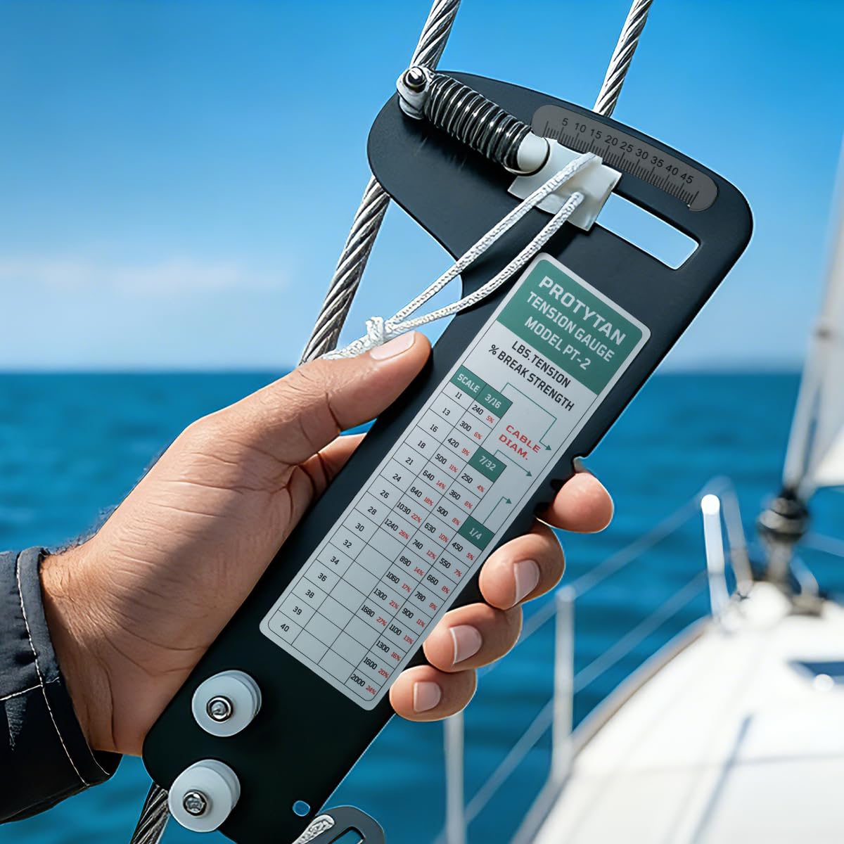 PT-2 Professional Sailboat Rigging Tension Gauge, Hands-Free Force Meter for 3/16", 7/32", and 1/4" Cables, 2000 lbs Capacity, Aluminum Alloy Construction