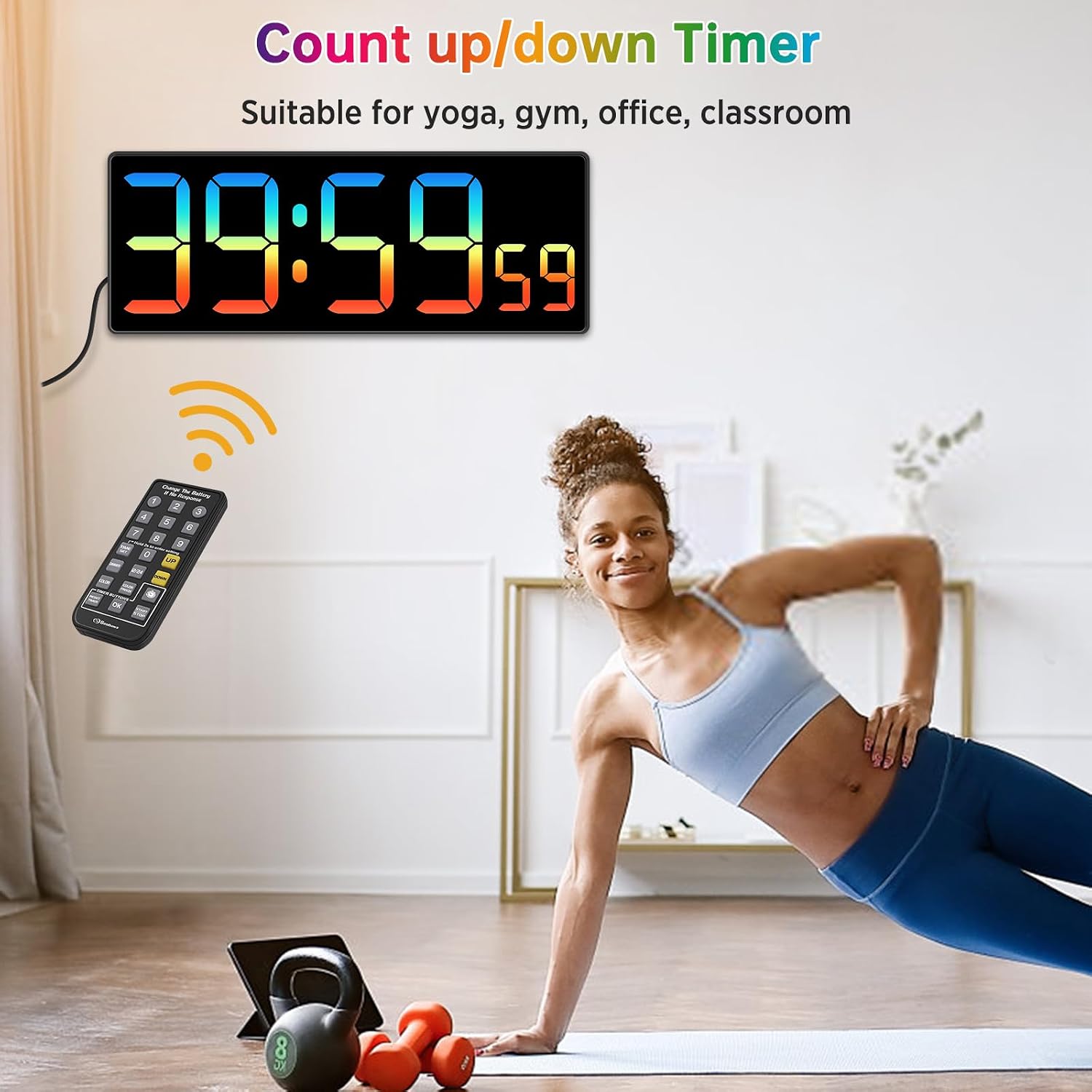Soobest Digital Wall Clock, Remote Control Electric Timer Seconds for Gym | 8 RGB Colors, Auto DST, Corded Plug in Large Display 5 Dimmer, Living Room Office Classroom Countdown (10.2" Multicolor)