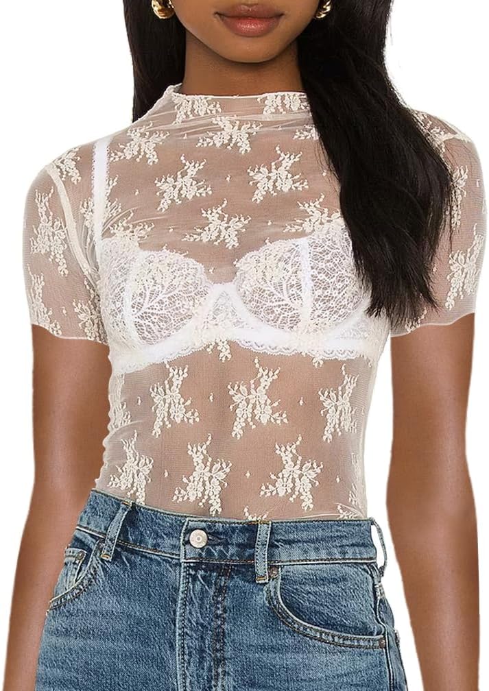 Women Short Sleeve Mesh Top Mock Neck Sheer Floral Lace Tee Top Party Summer Slim Fit Sexy See Through T Shirt - Image 3