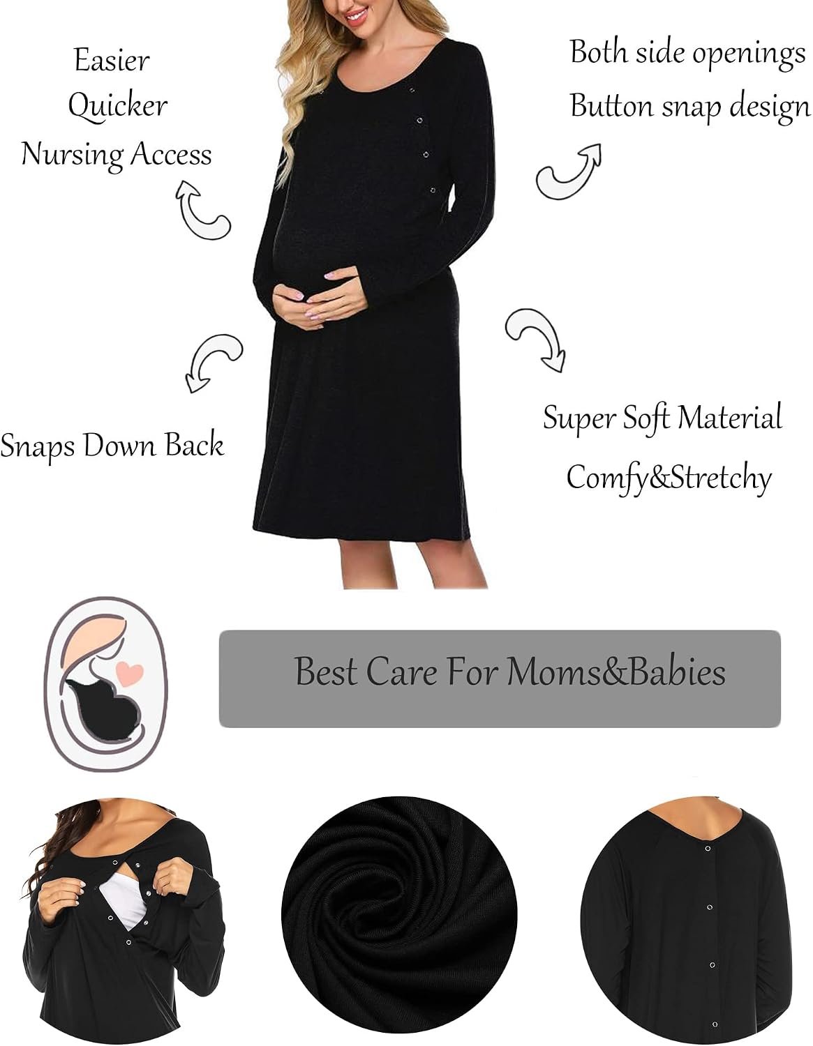 Ekouaer Women Maternity Nightgown Labor Delivery Nursing Gown Hospital Breastfeeding Dress Button Down Long Sleeve Sleepwear