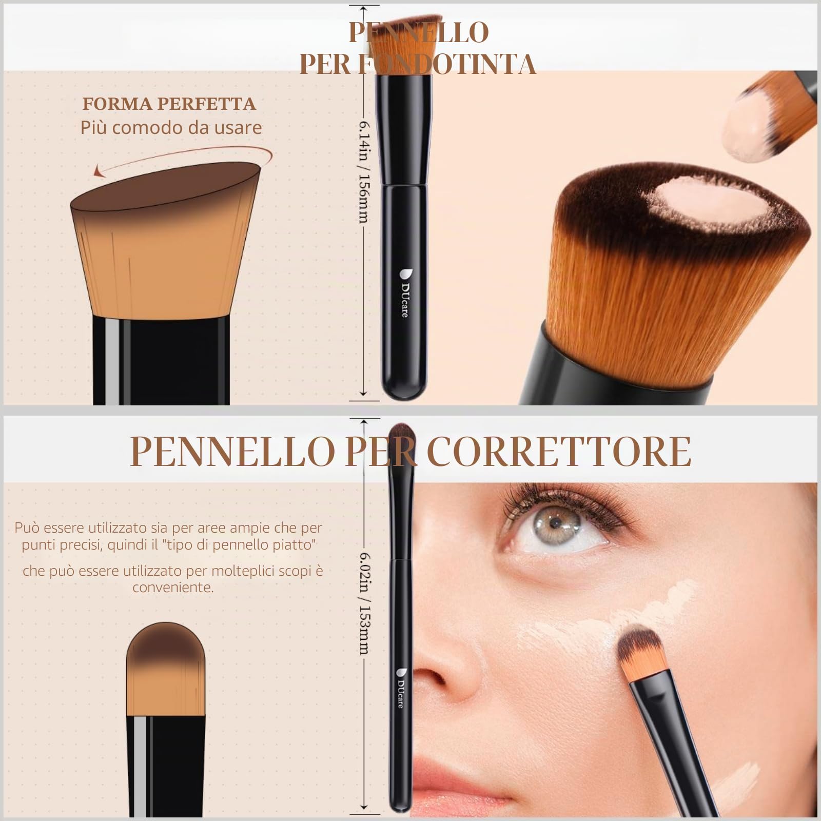 DUcare Pennello per fondotinta e pennello per correttore 2 pezzi -Pennello Fondotinta Liquido Trucco Cipria Pennello Kabuki professionale Perfetto Per Foundation, Polvere