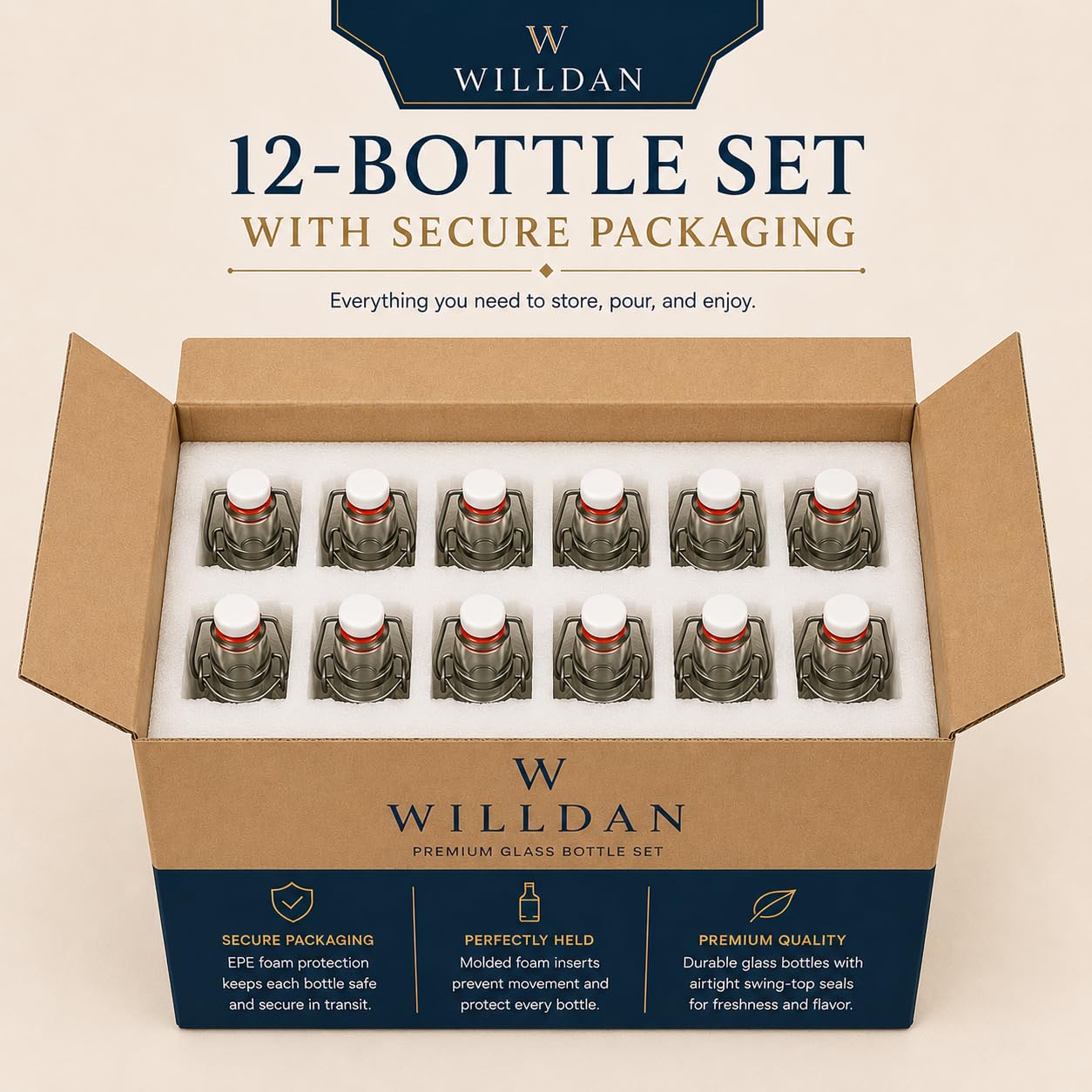 WILLDAN Juego de 12 botellas de vidrio de 8.5 onzas con tapa abatible para kombucha, kéfir, extracto de vainilla, cerveza, tapas herméticas y tapas a prueba de fugas, juntas y embudo adicionales