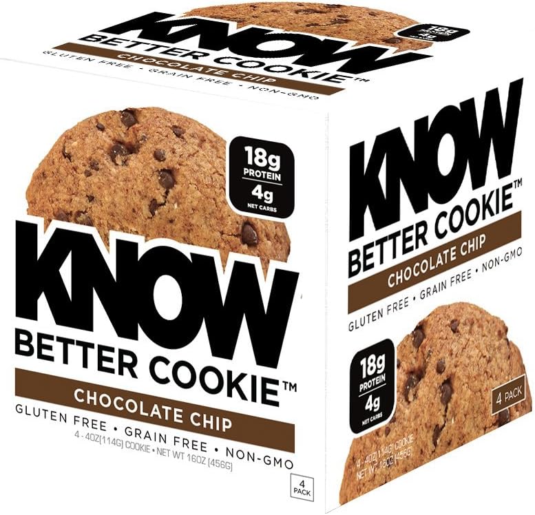 KNOW Foods Gluten Free, Low Carb, Protein Cookies, Chocolate Chip, 4g Net Carbs - 4 Count (Packaging May Vary)