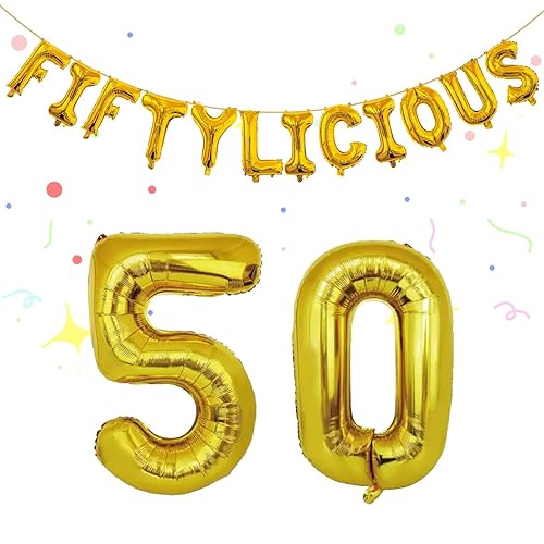 Fiftylicious Gold Happy 50th Birthday Party Banner, Decorative Wall Mount Celebration Supplies, Indoor Party Decor (gold)