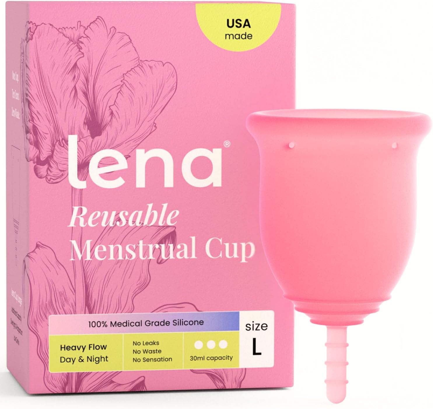 Lena Menstrual Cup Original - Soft Medical-Grade Silicone Period Cups for Women Heavy Flow, Reusable and Comfortable 12-Hour Leak-Free Protection, Beginner-Friendly Feminine Care - Large, Pink