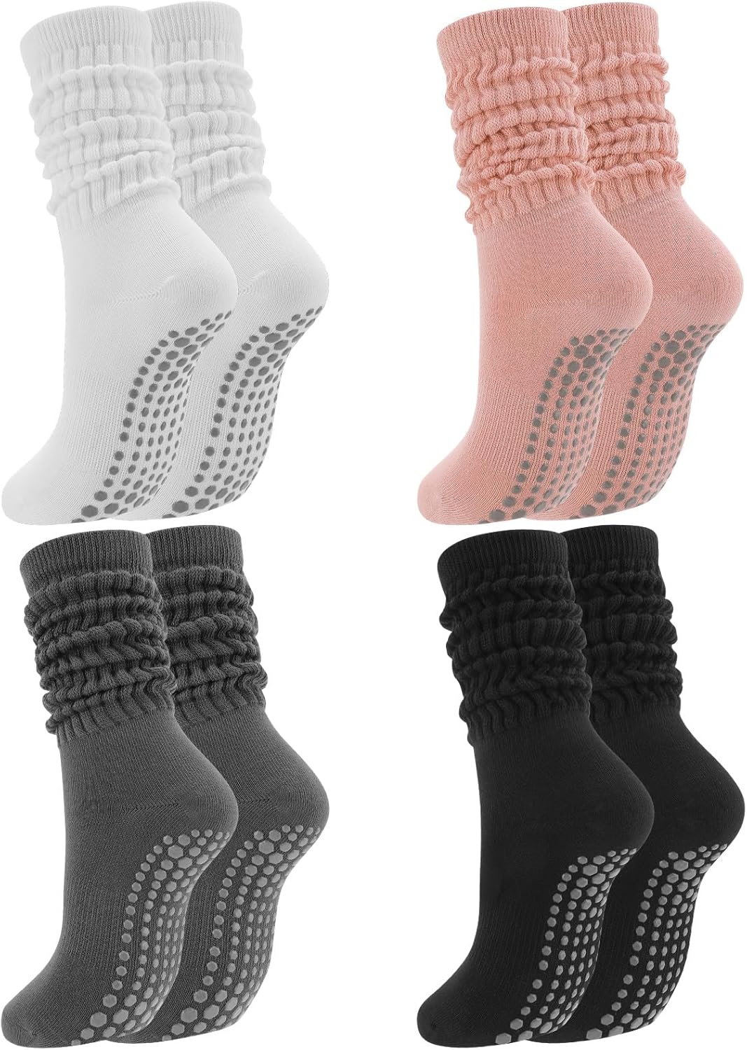 Jspupifip 4 Pairs Pilates Socks with Grips for Women, Long Slouch Non Slip Yoga Scrunch Socks for Barre Hospital Workout - Image 8