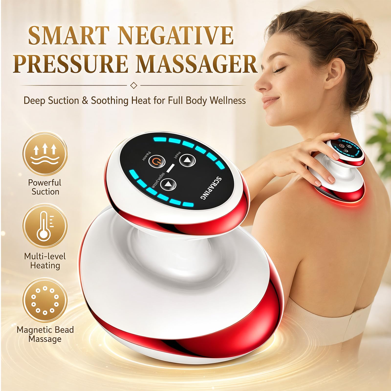 Cellulite Massagegerät, 4 in 1 Elektrischer GuaSha Massager, Elektrisch Handmassagegerät, mit Vakuum Massage, Gua Sha Elektrisch, Wärme und 9 Stufen, Schröpfmassagegerät für Bessere Durchblutung (A)
