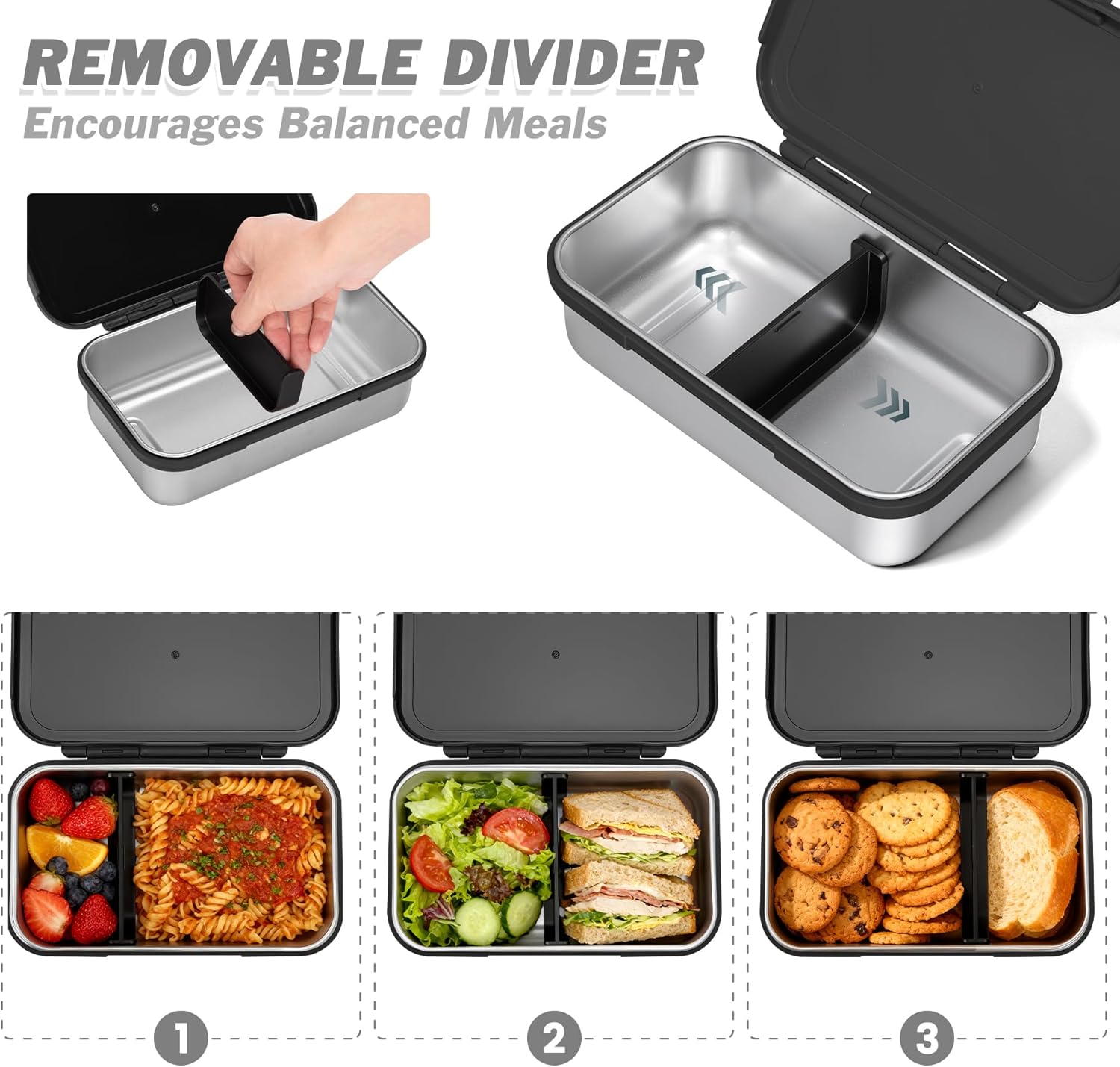 Stainless Steel Lunch Box, Leak-Proof Metal Bento Box with Adjustable Divider, Lunch Container for School Office Picnics & Travel, Microwave-Safe, Black