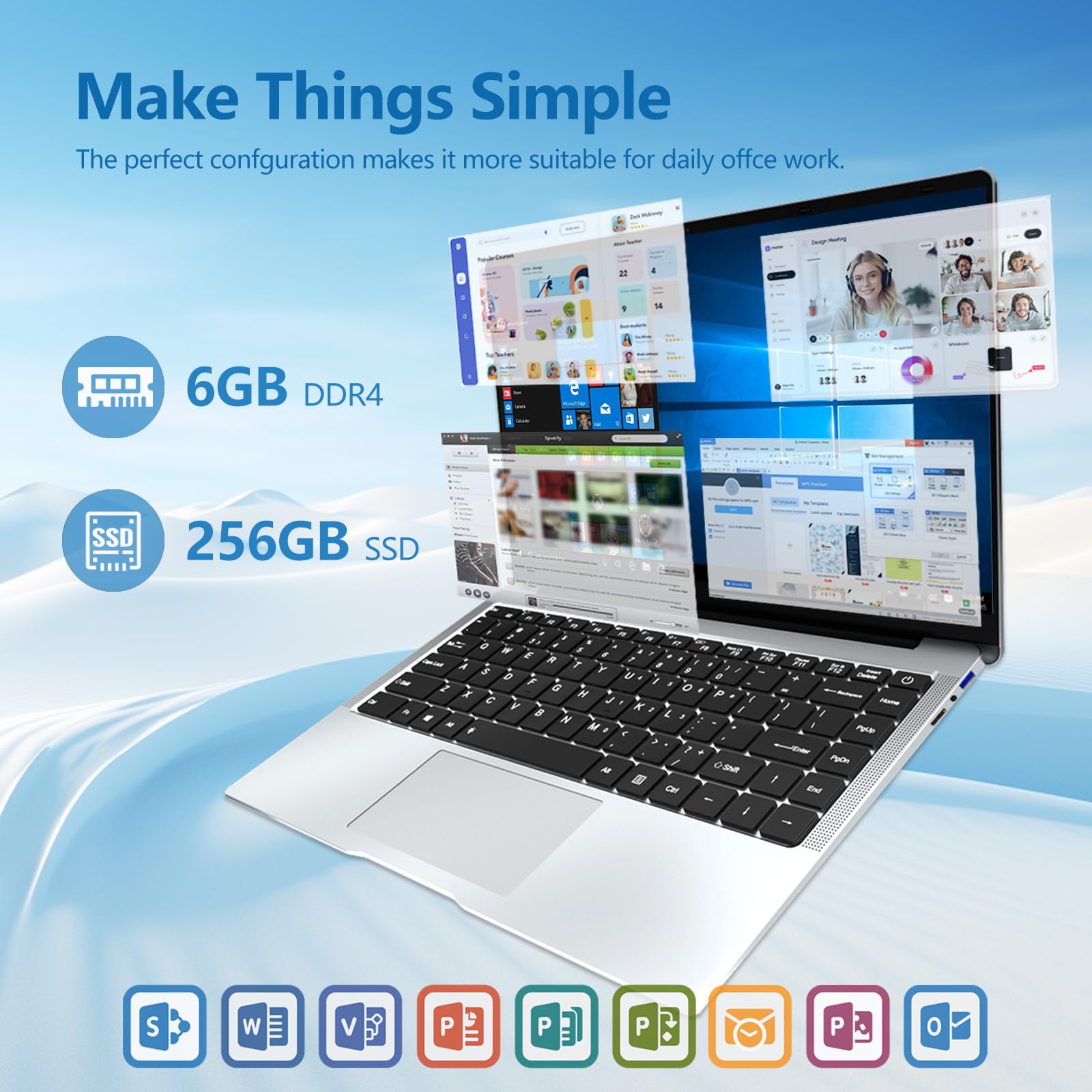 PC Portatile Win 11,Computer Portatile 14,1 Pollici, Celeron N4000 Processore, 6GB RAM 256GB SSD (Supports Expand 1TB), Laptop 180°Flip, Webcam/TF Card/WiFi 5/MINI HDMI /USB3.0