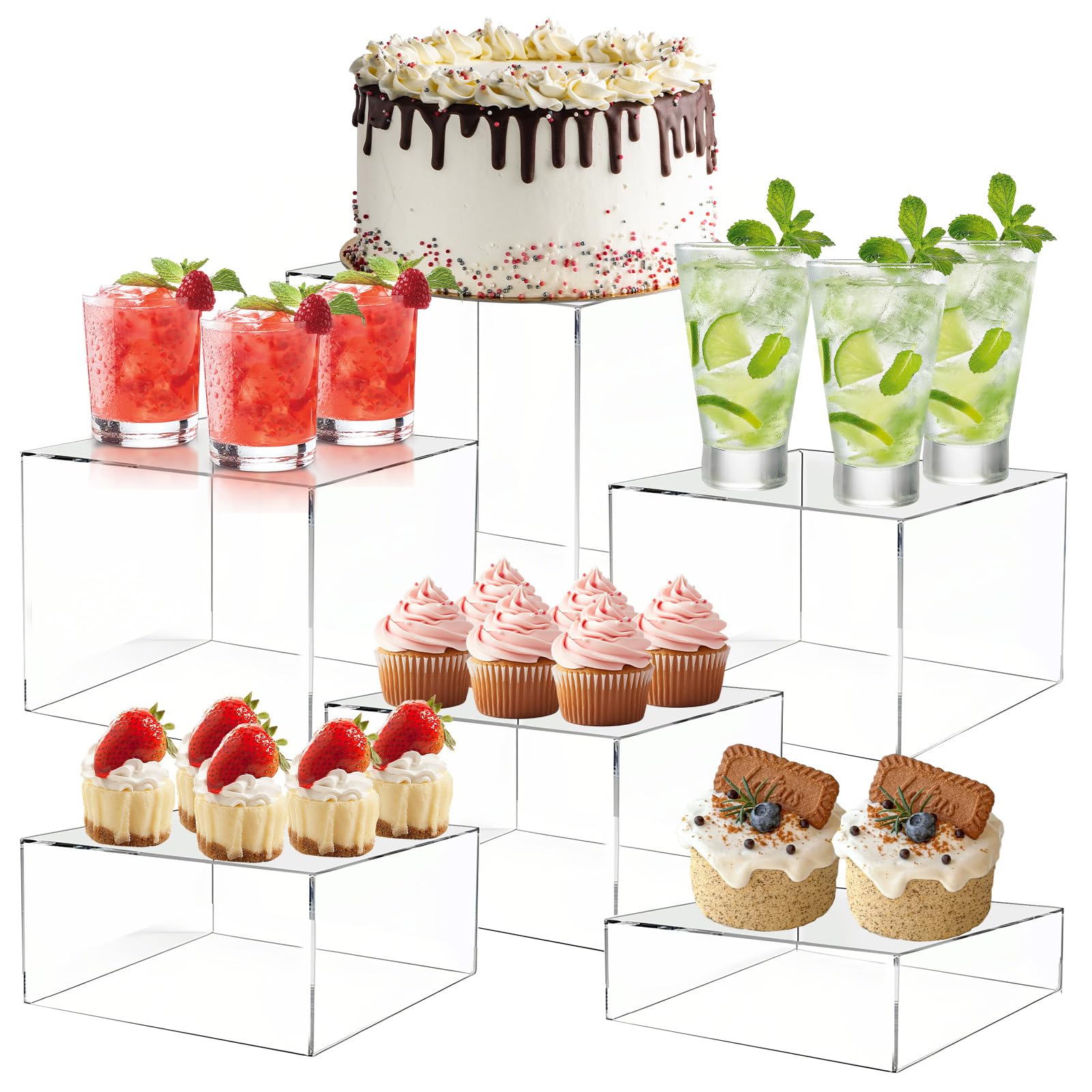 YOUNTHYE 6Pcs Buffet Risers, 3x4x5x6x7x8 Inch Food Risers Acrylic Buffet Risers, Food Display Stand with Hollow Bottom, for Buffet Table, for Cupcake, Brunch, Dessert, Candy, Jewelry, Collectibles